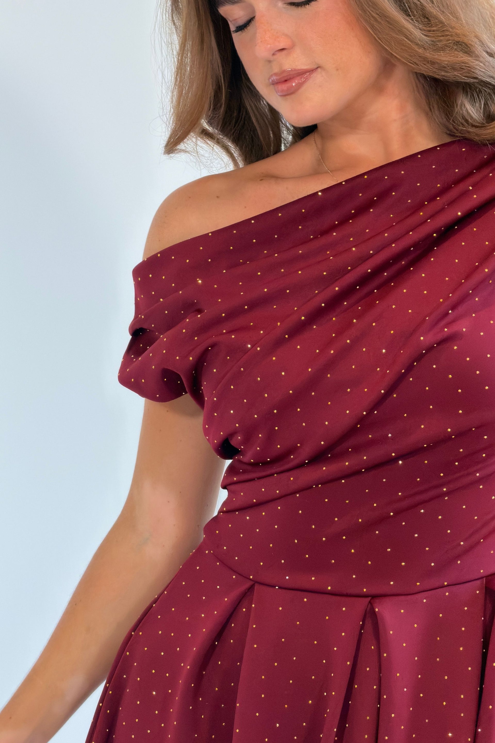 Betty Asymmetric Neckline Skater Midi Hotfix Wine