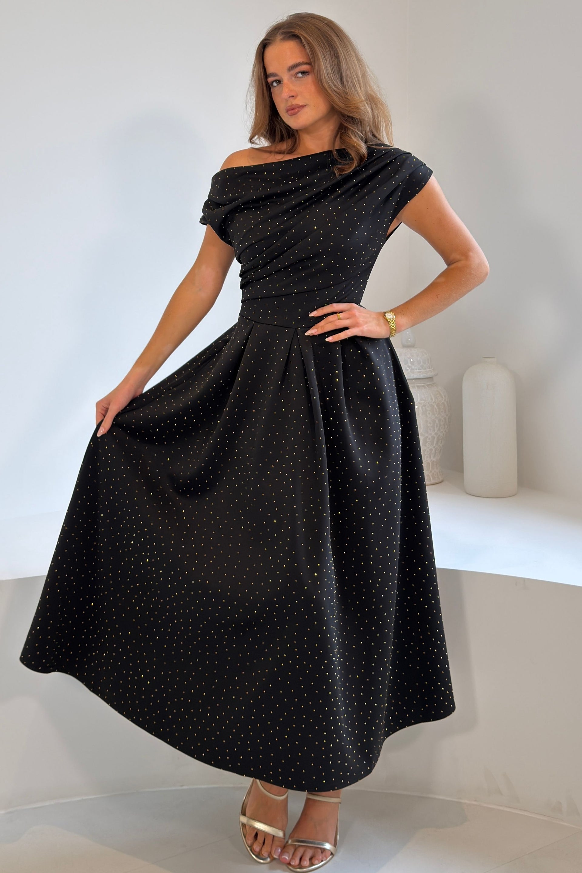 Betty Asymmetric Neckline Skater Midi Hotfix Black