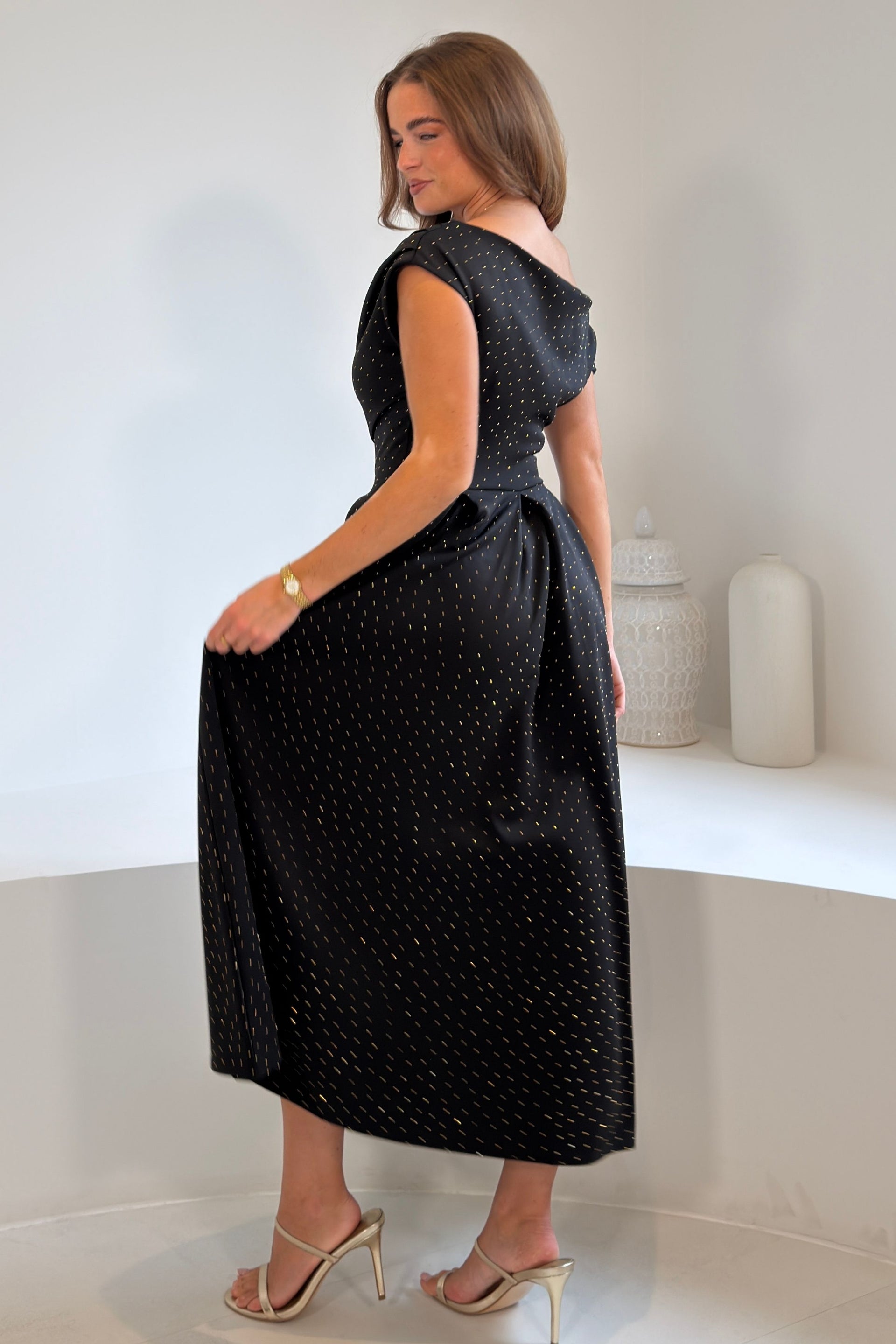 Betty Asymmetric Neckline Skater Midi Hotfix Black