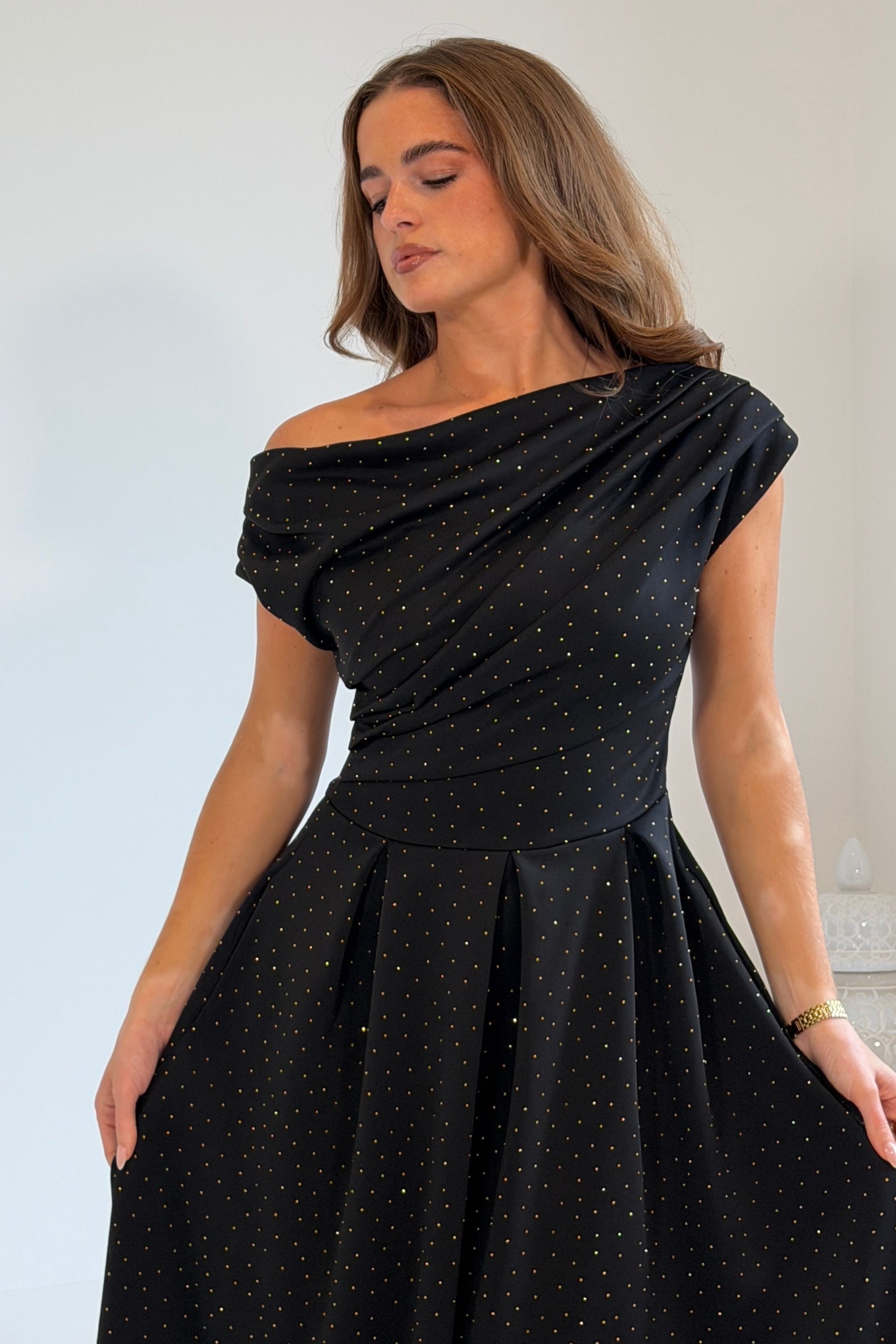 Betty Asymmetric Neckline Skater Midi Hotfix Black