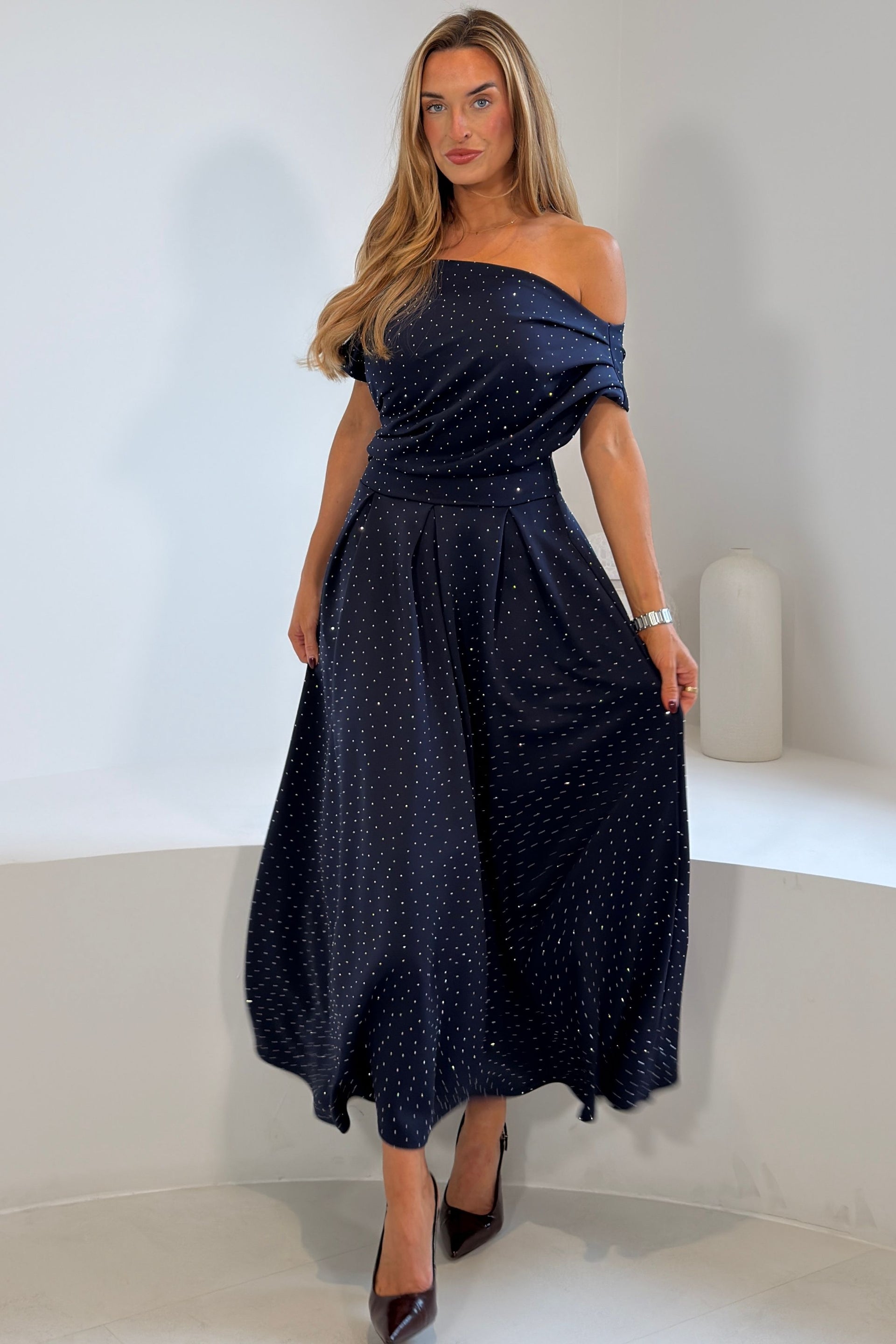 Betty Asymmetric Neckline Skater Midi Hotfix Navy