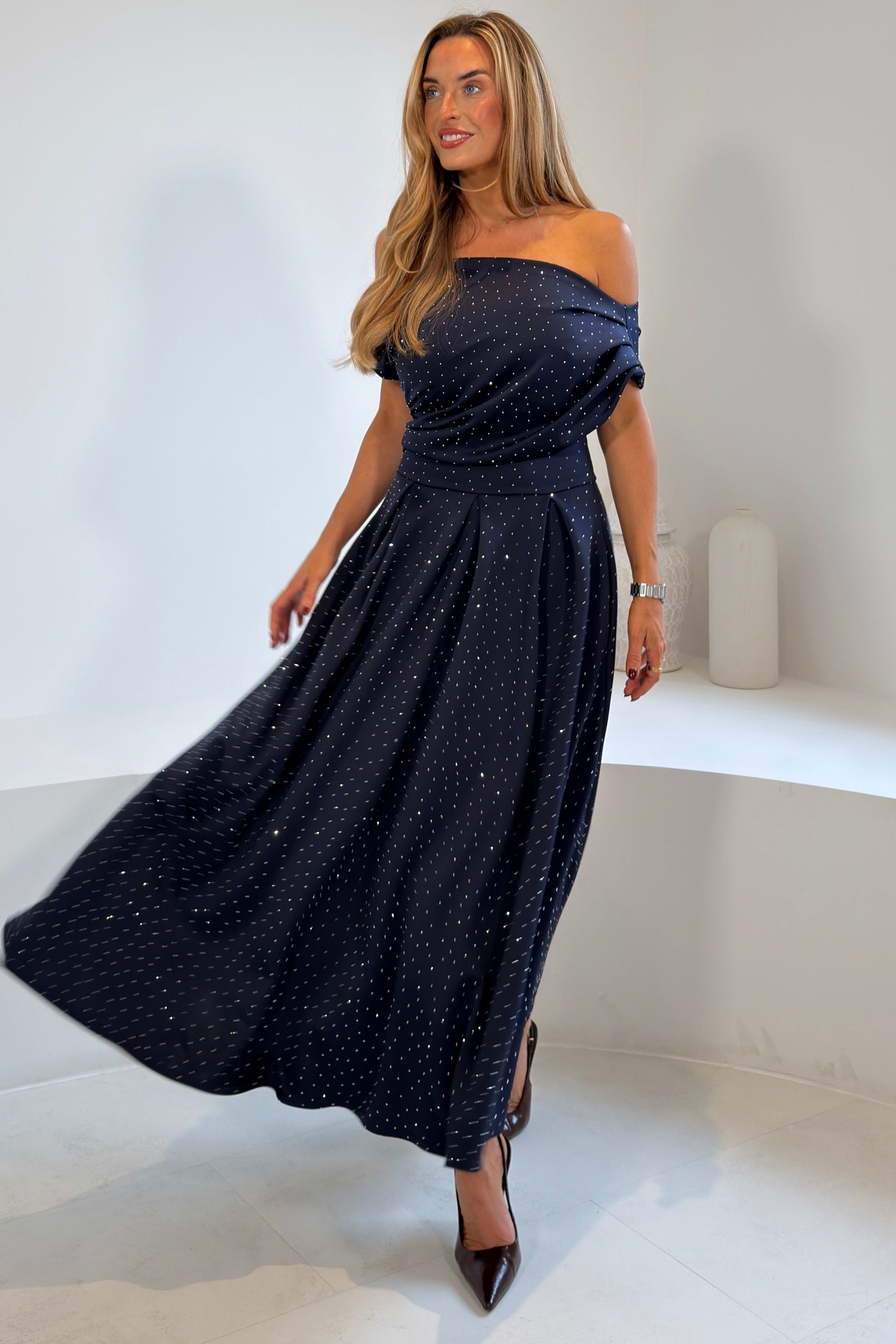 Betty Asymmetric Neckline Skater Midi Hotfix Navy