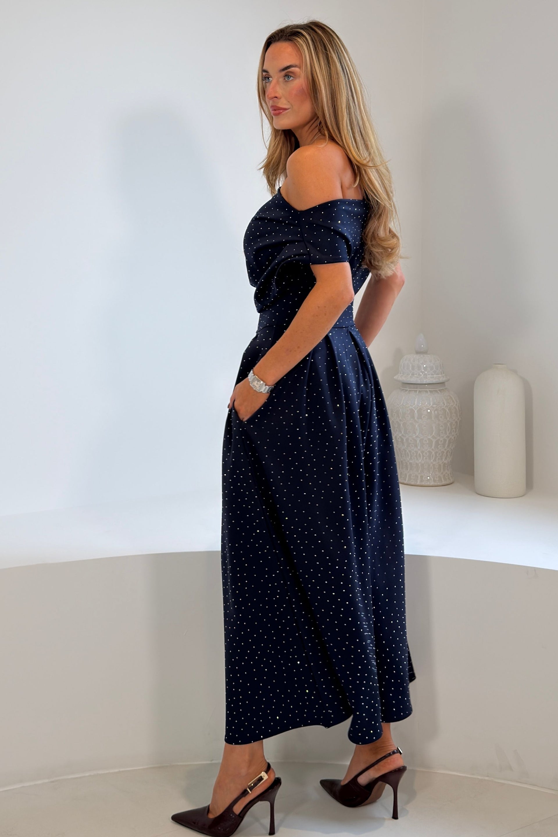 Betty Asymmetric Neckline Skater Midi Hotfix Navy