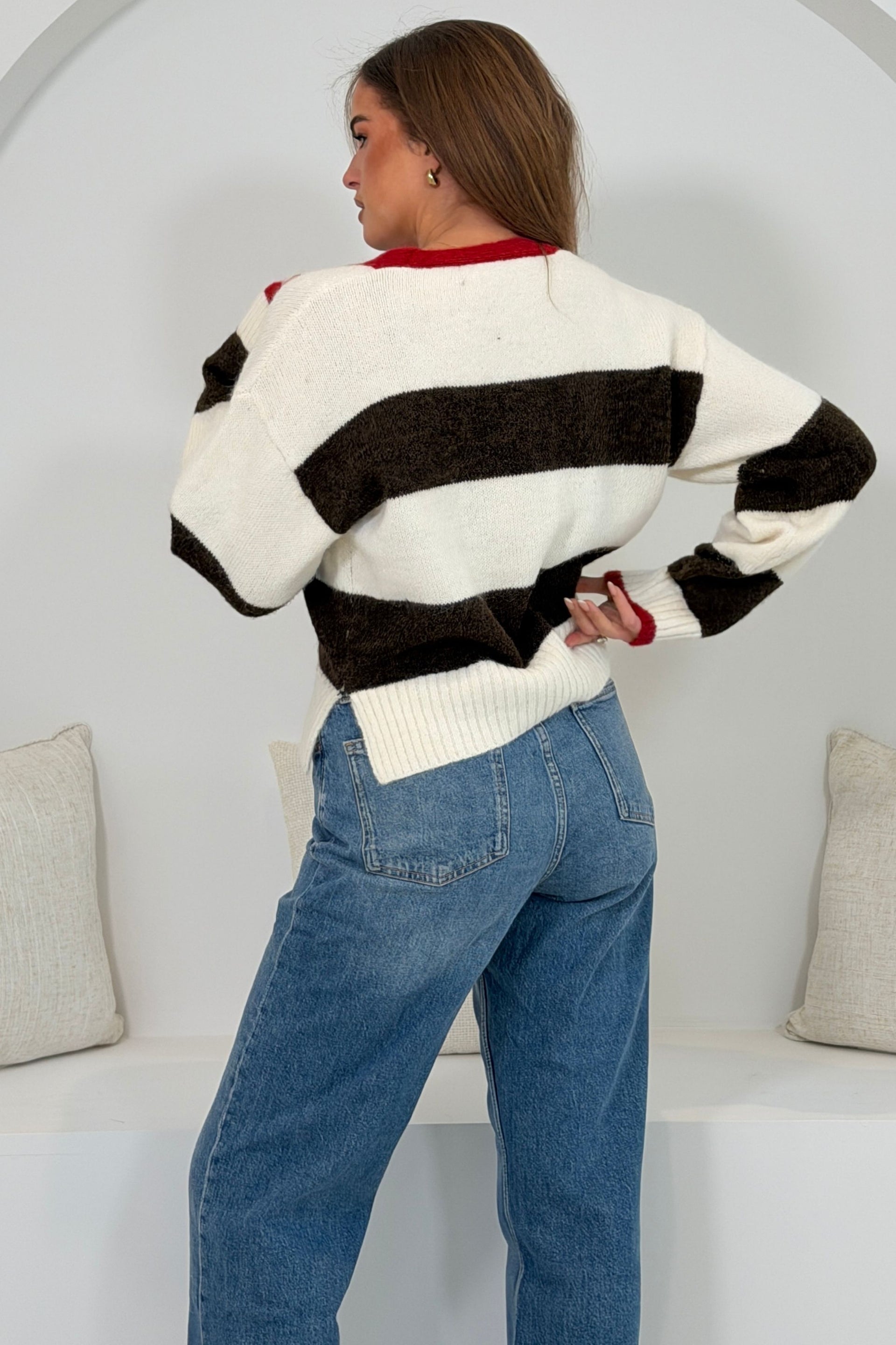 Leigh Striped Collared  Knit Cardigan Black