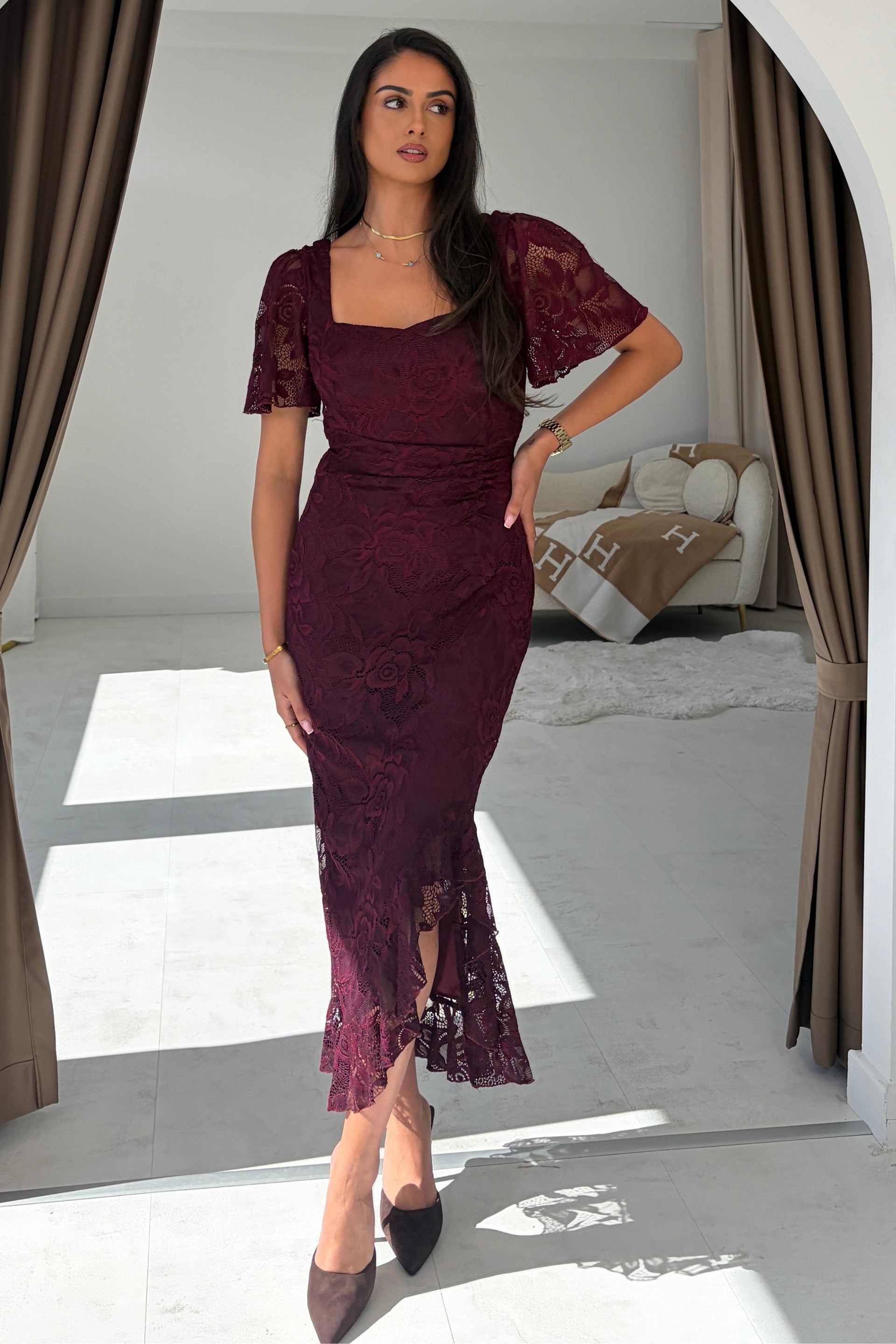 Heidi Berry Lace Ruched Midi Dress