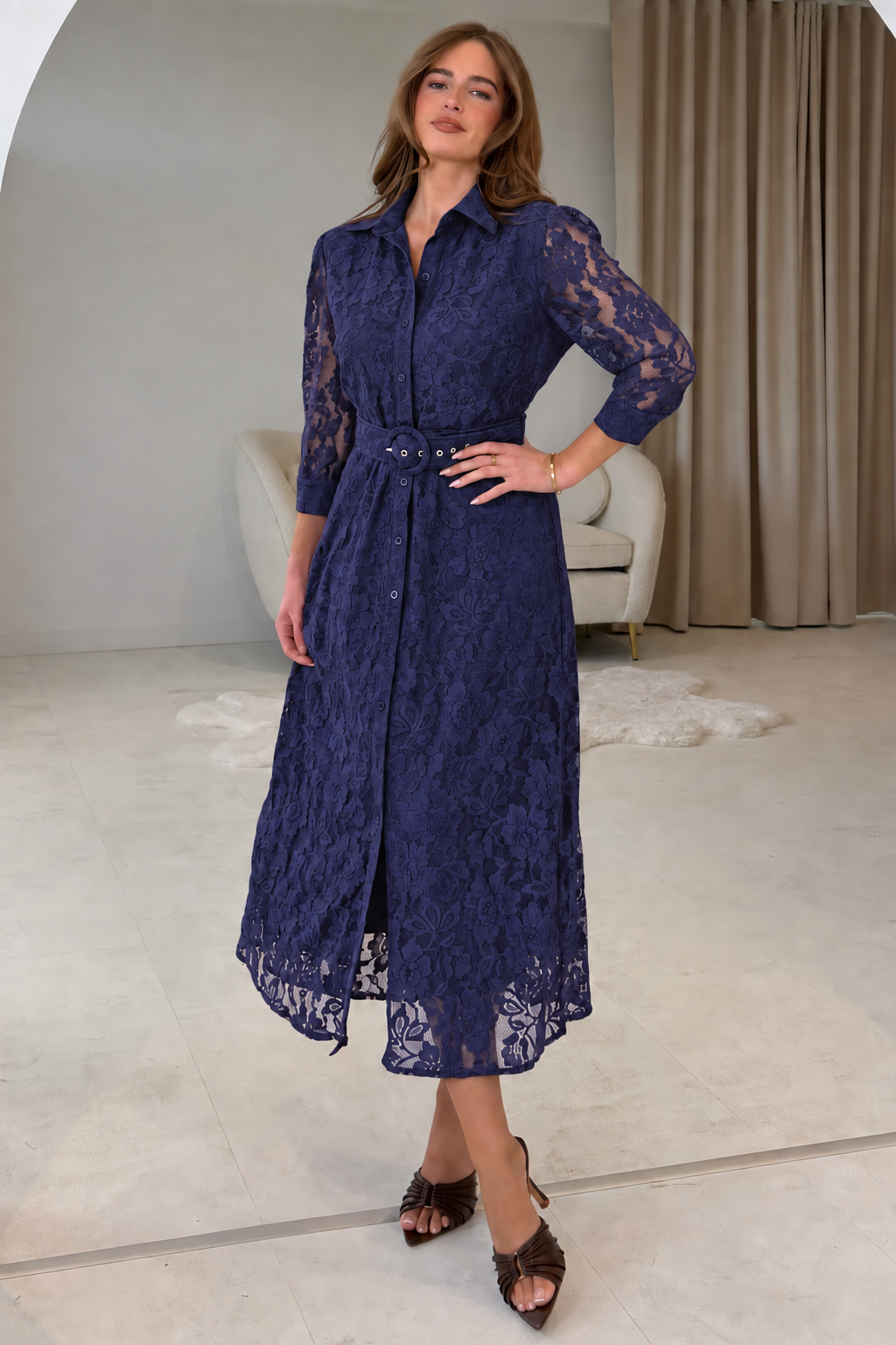 Tansy 3/4 Sleeve Lace Shirt Dress Purple