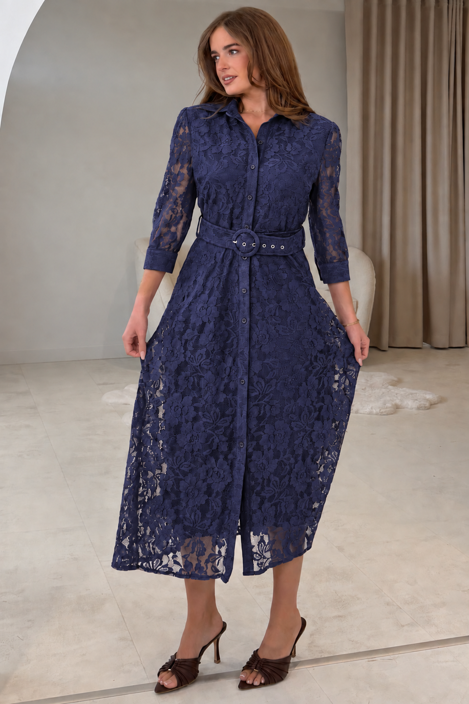 Tansy 3/4 Sleeve Lace Shirt Dress Purple