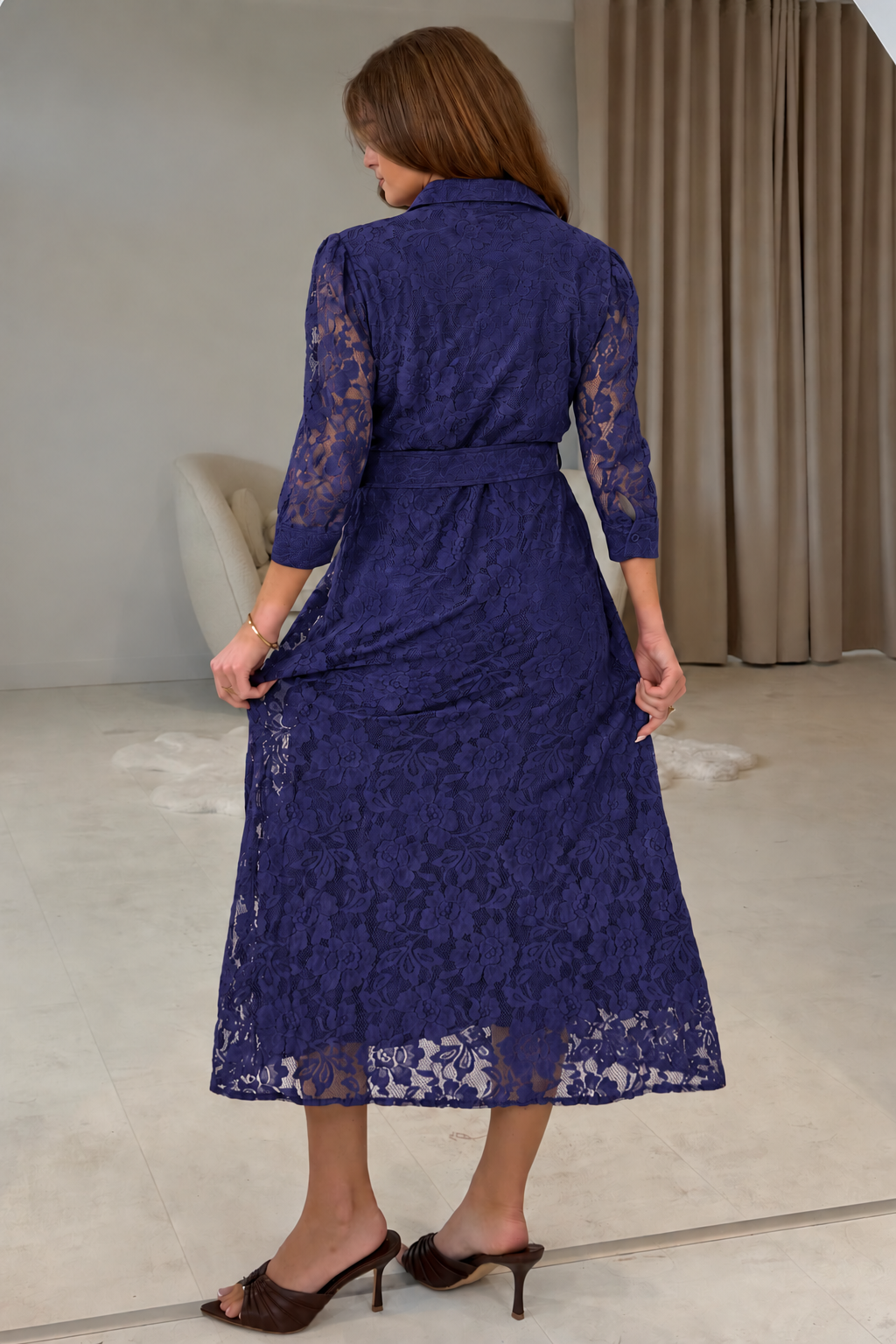 Tansy 3/4 Sleeve Lace Shirt Dress Purple