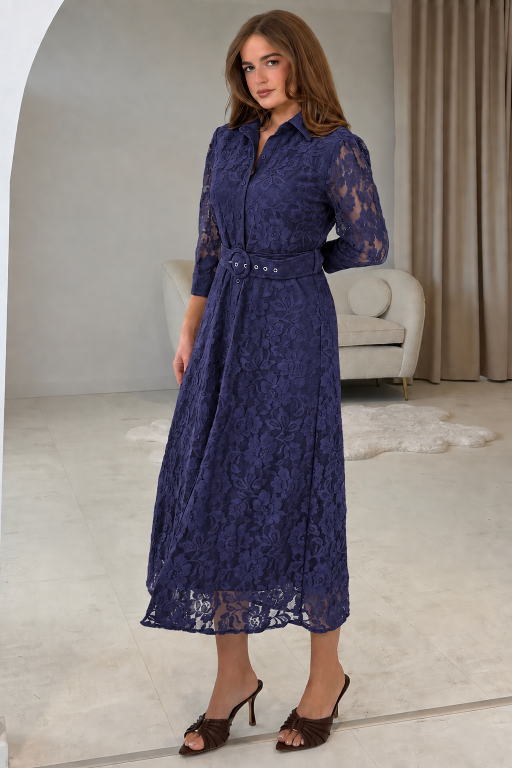 Tansy 3/4 Sleeve Lace Shirt Dress Purple