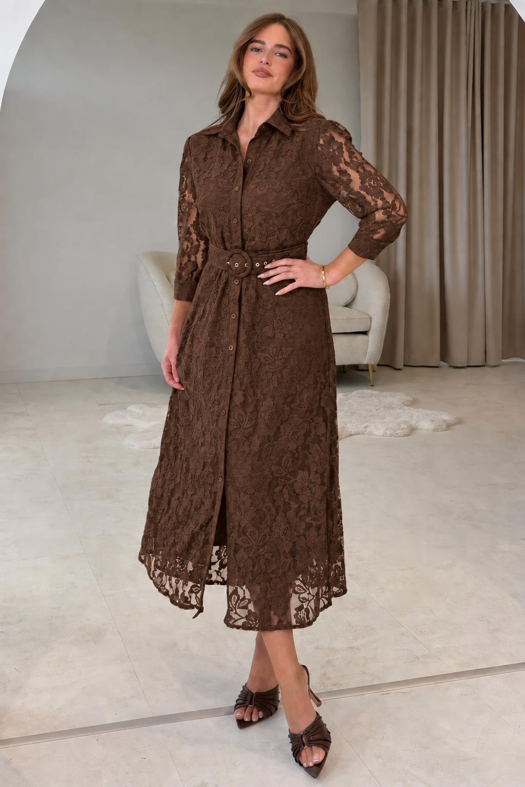 Tansy 3/4 Sleeve Lace Shirt Dress Brown