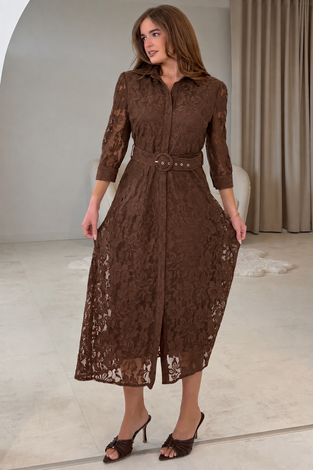 Tansy 3/4 Sleeve Lace Shirt Dress Brown