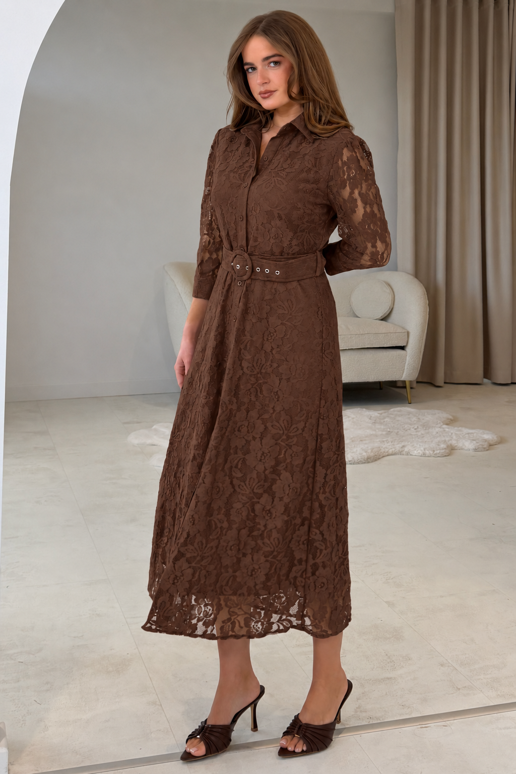 Tansy 3/4 Sleeve Lace Shirt Dress Brown