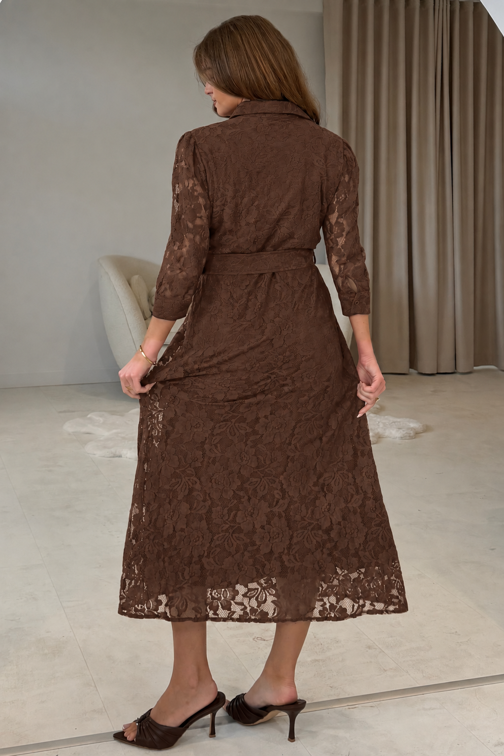 Tansy 3/4 Sleeve Lace Shirt Dress Brown