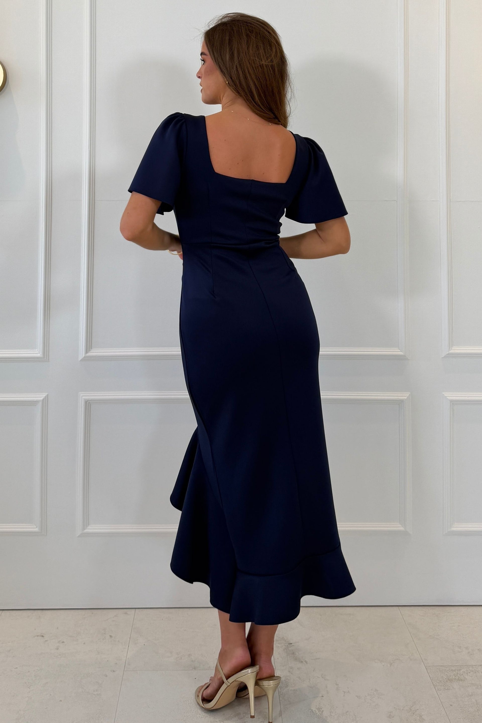Leona Square Neck Frill Midi Dress Navy