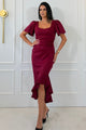 Leona Square Neck Frill Midi Dress Wine