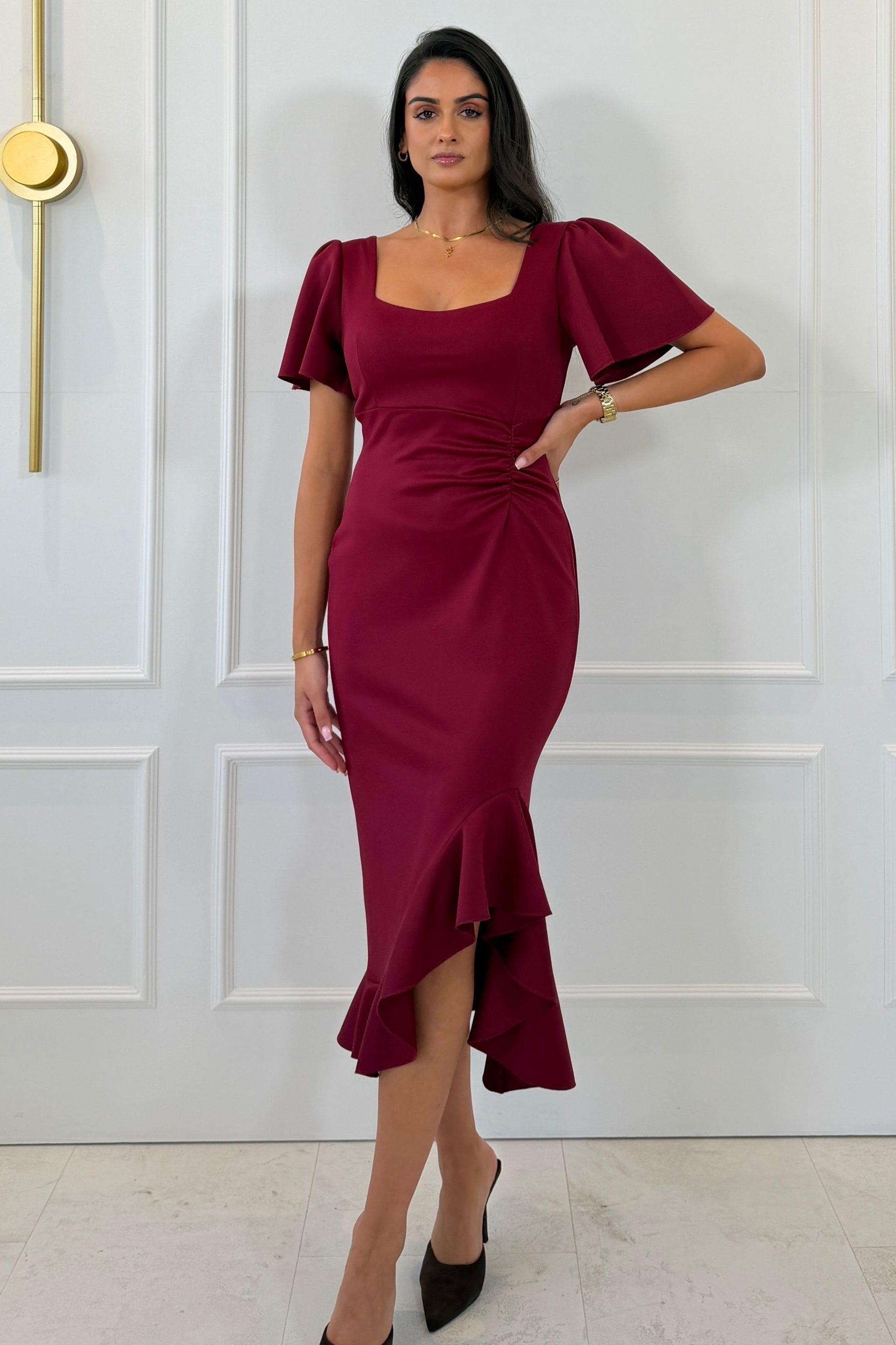 Leona Square Neck Frill Midi Dress Wine