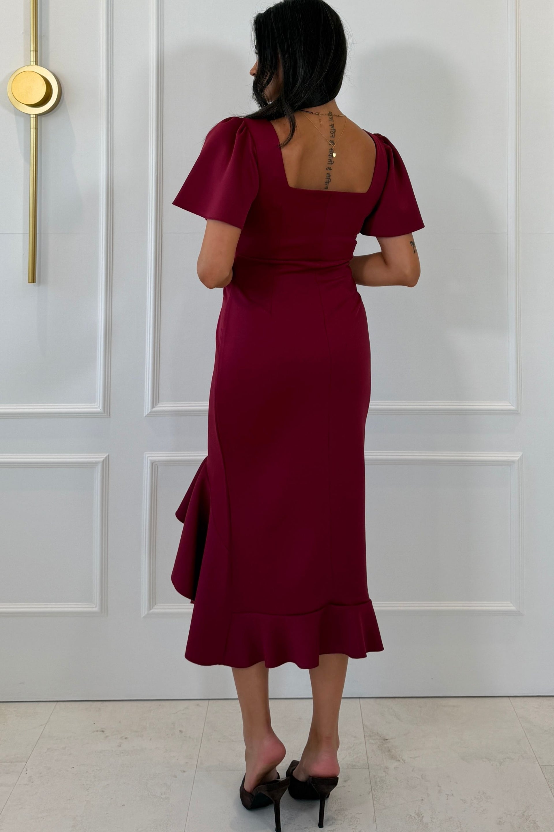 Leona Square Neck Frill Midi Dress Wine