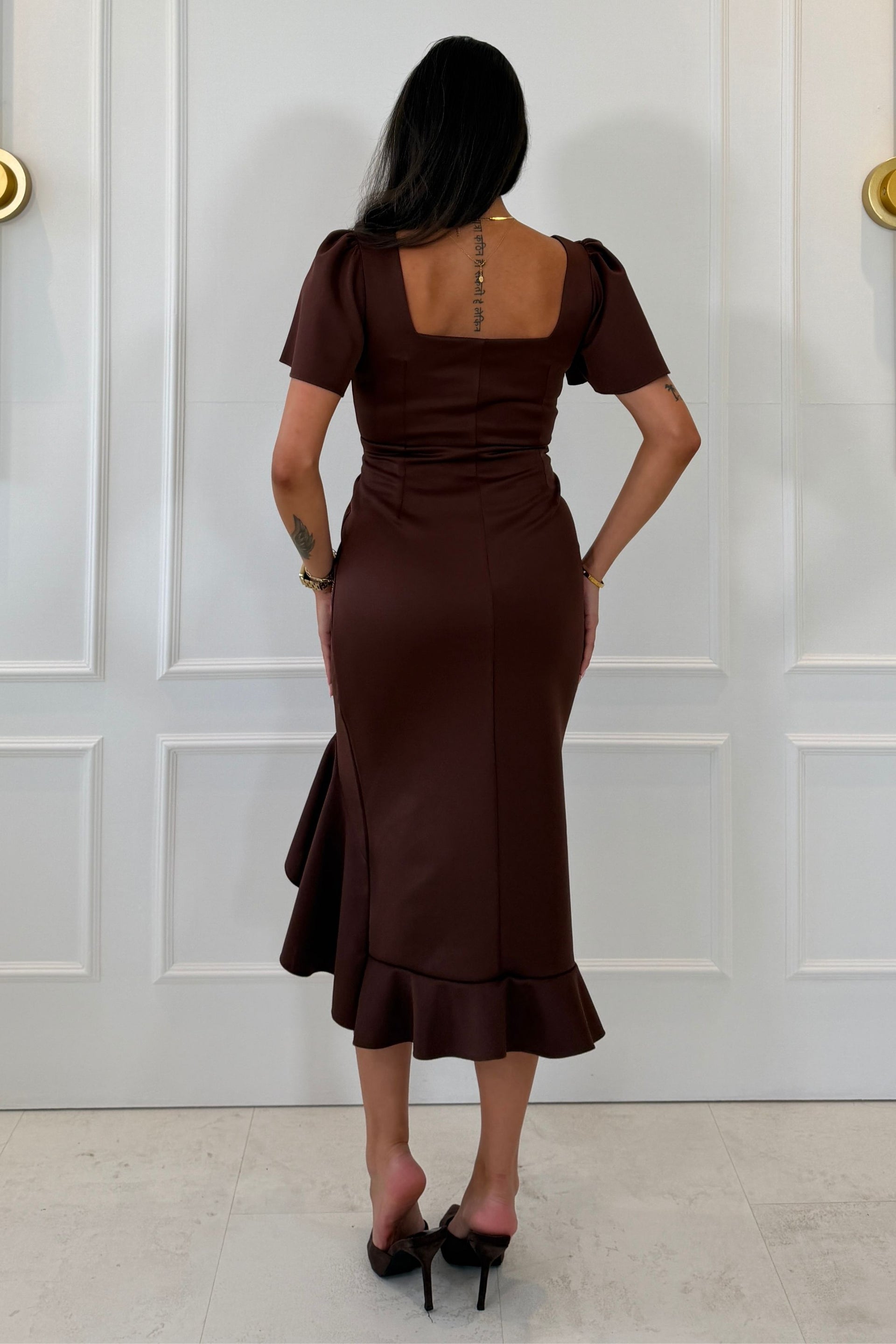 Leona Square Neck Frill Midi Dress Brown