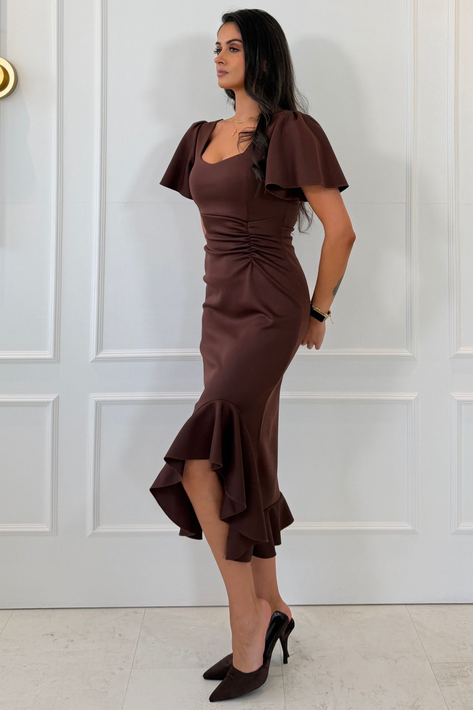 Leona Square Neck Frill Midi Dress Brown
