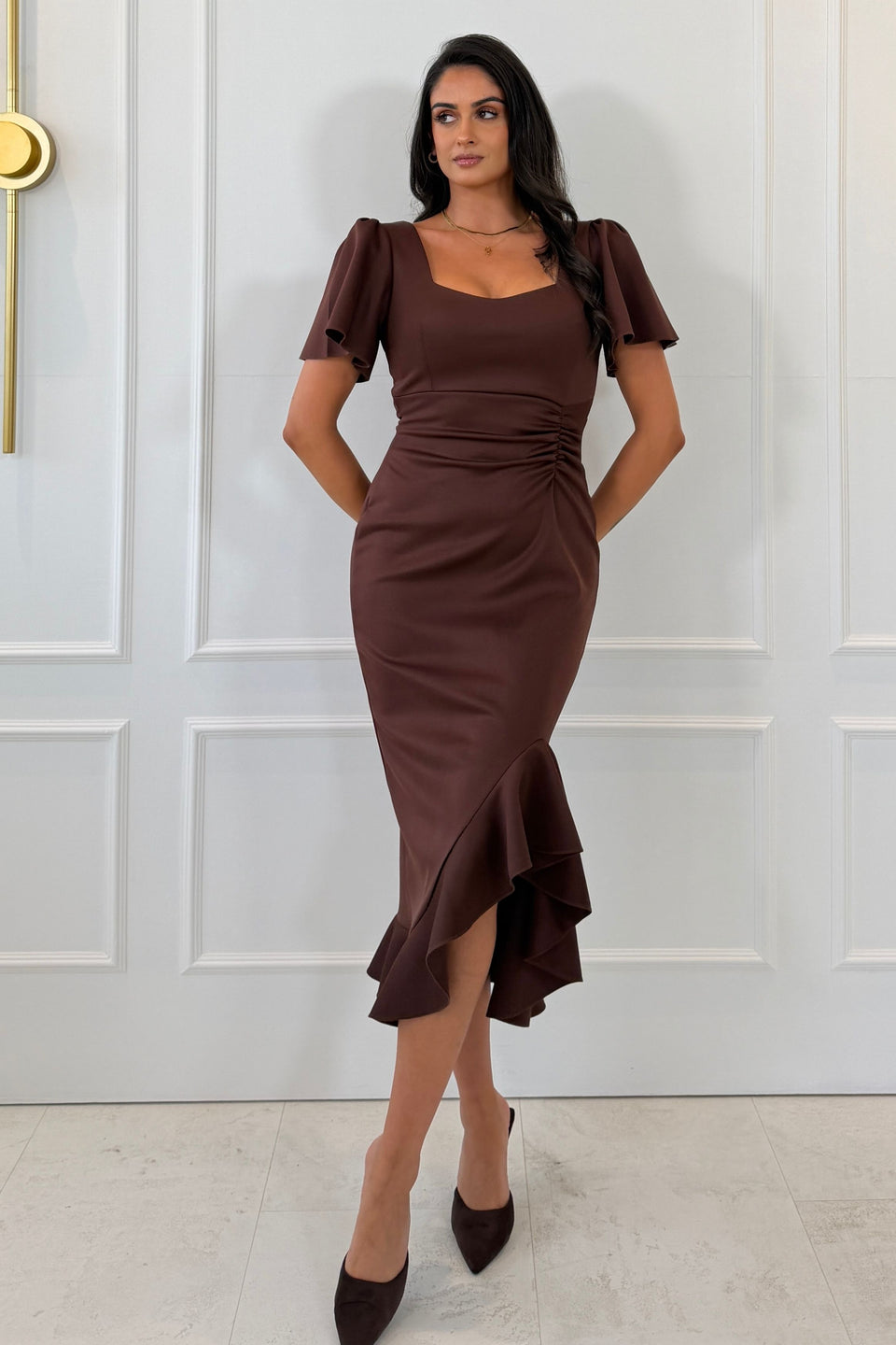Leona Square Neck Frill Midi Dress Brown