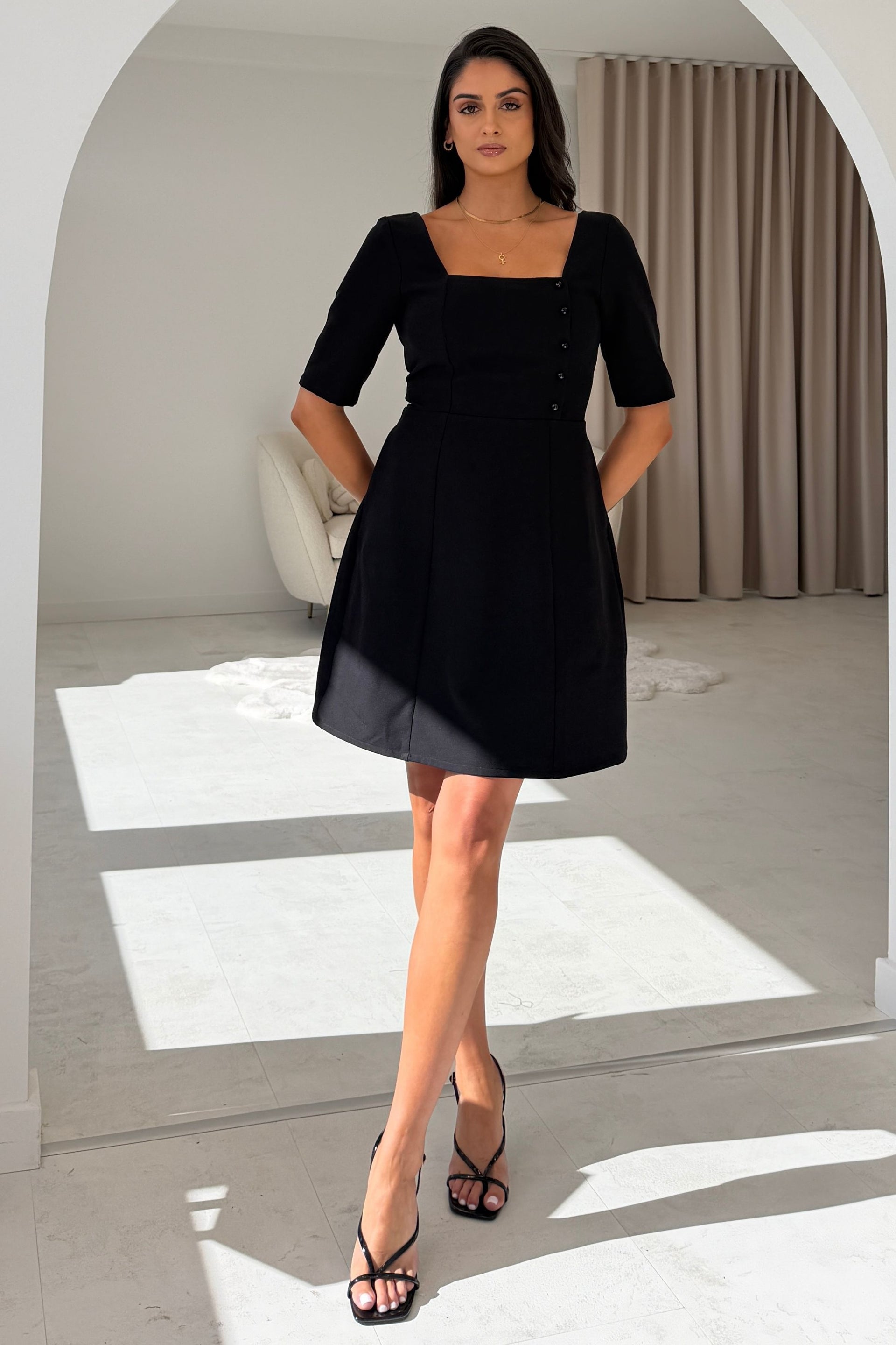 Annabelle Button Detail Mini Dress Black