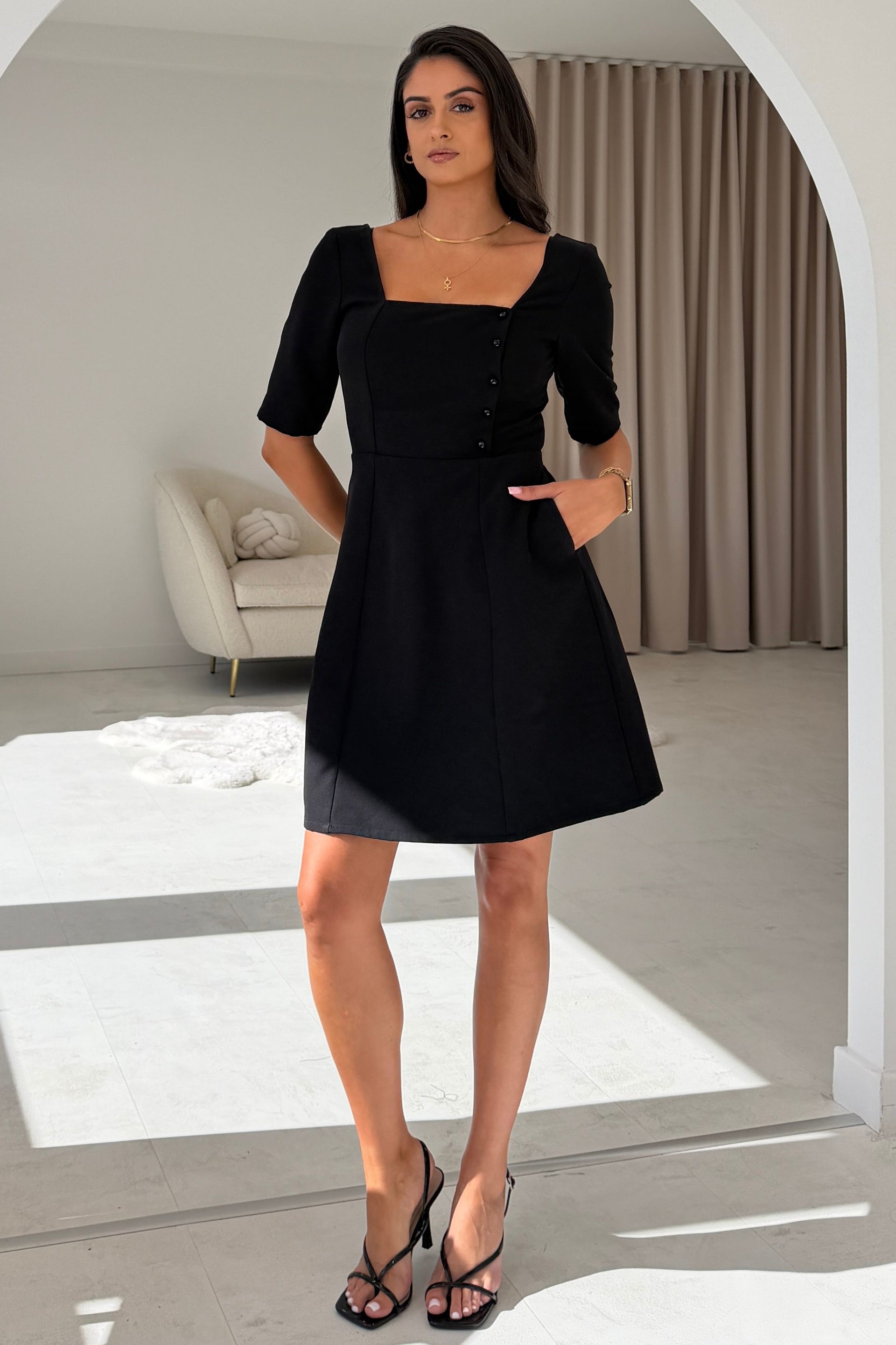 Annabelle Button Detail Mini Dress Black