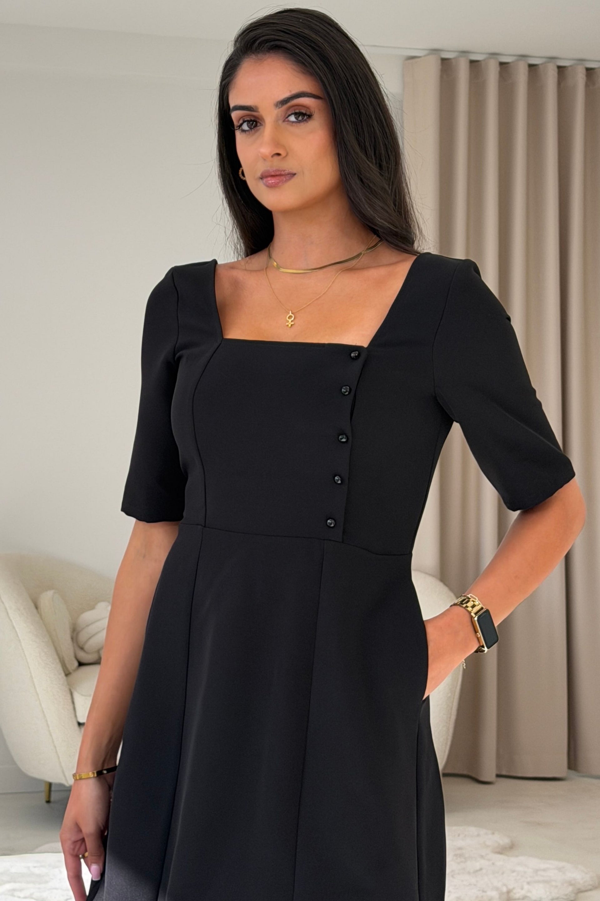 Annabelle Button Detail Mini Dress Black