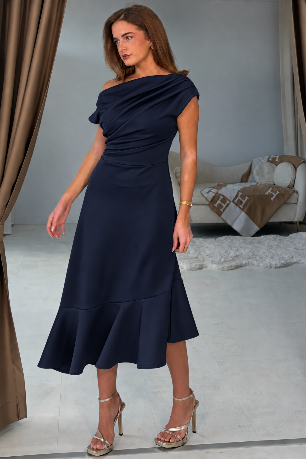 Felicity Asymmetric Frill Midi Dress Navy