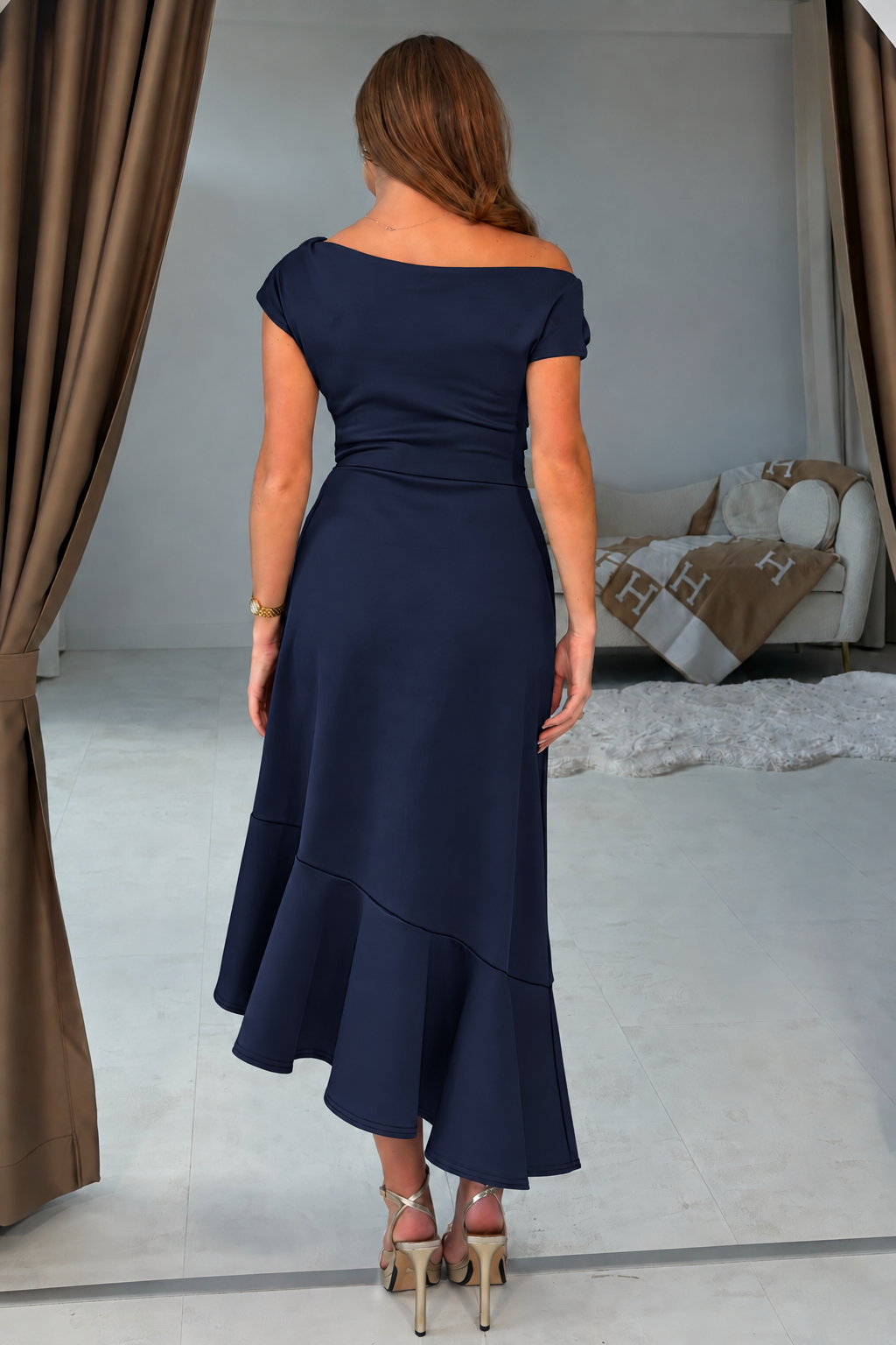 Felicity Asymmetric Frill Midi Dress Navy