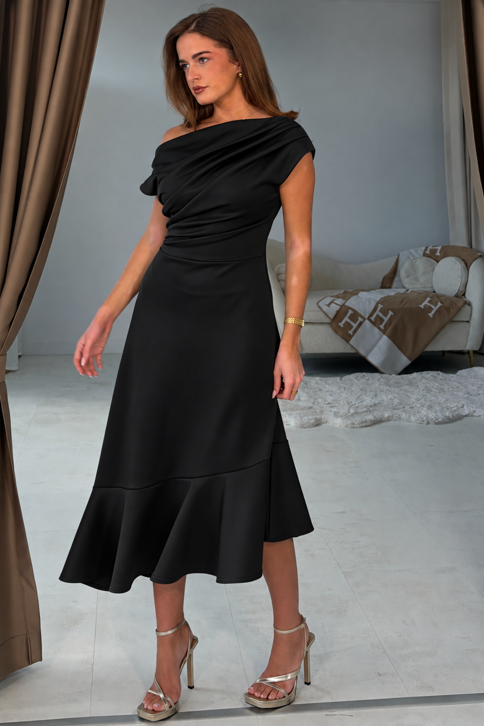 Felicity Asymmetric Frill Midi Dress Black