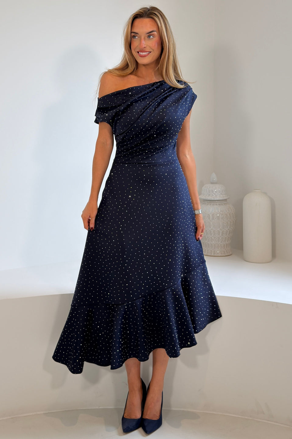 Felicity Hotfix Asymmetric Frill Midi Dress Navy