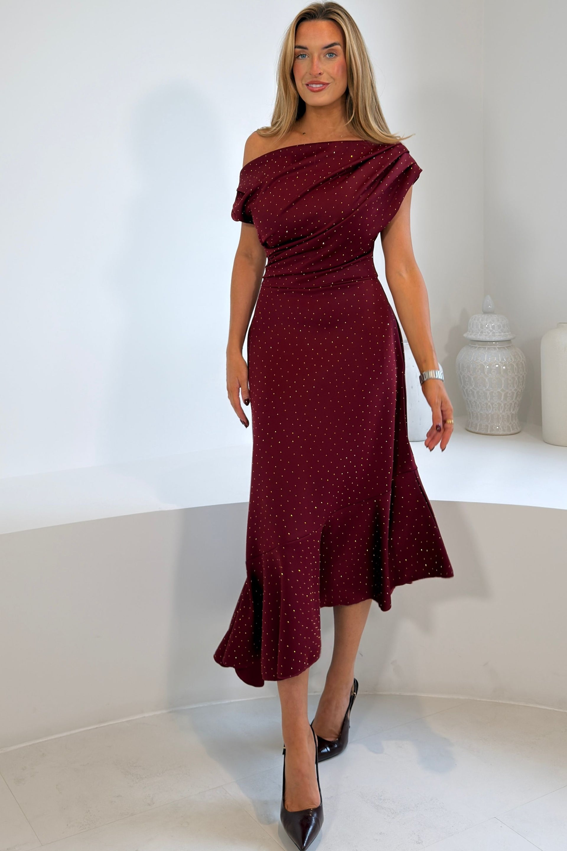 Felicity Hotfix Asymmetric Frill Midi Dress Wine