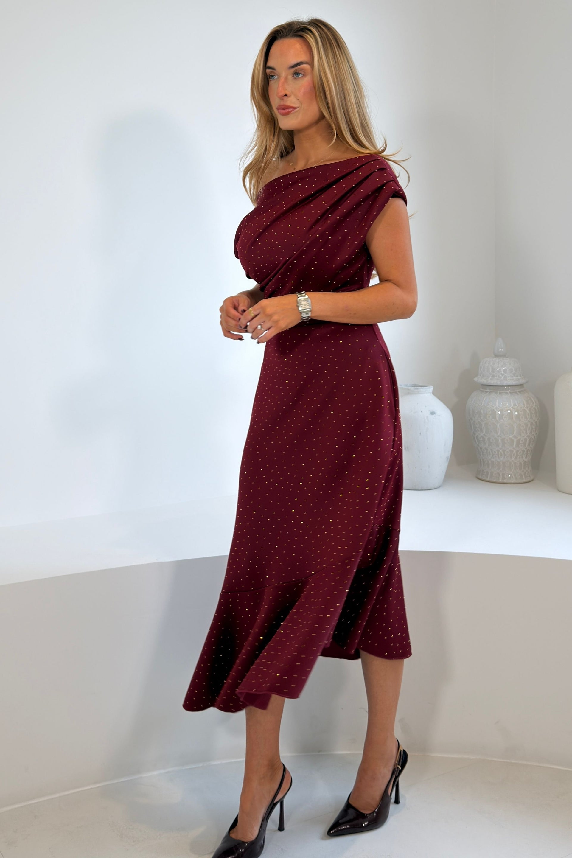 Felicity Hotfix Asymmetric Frill Midi Dress Wine