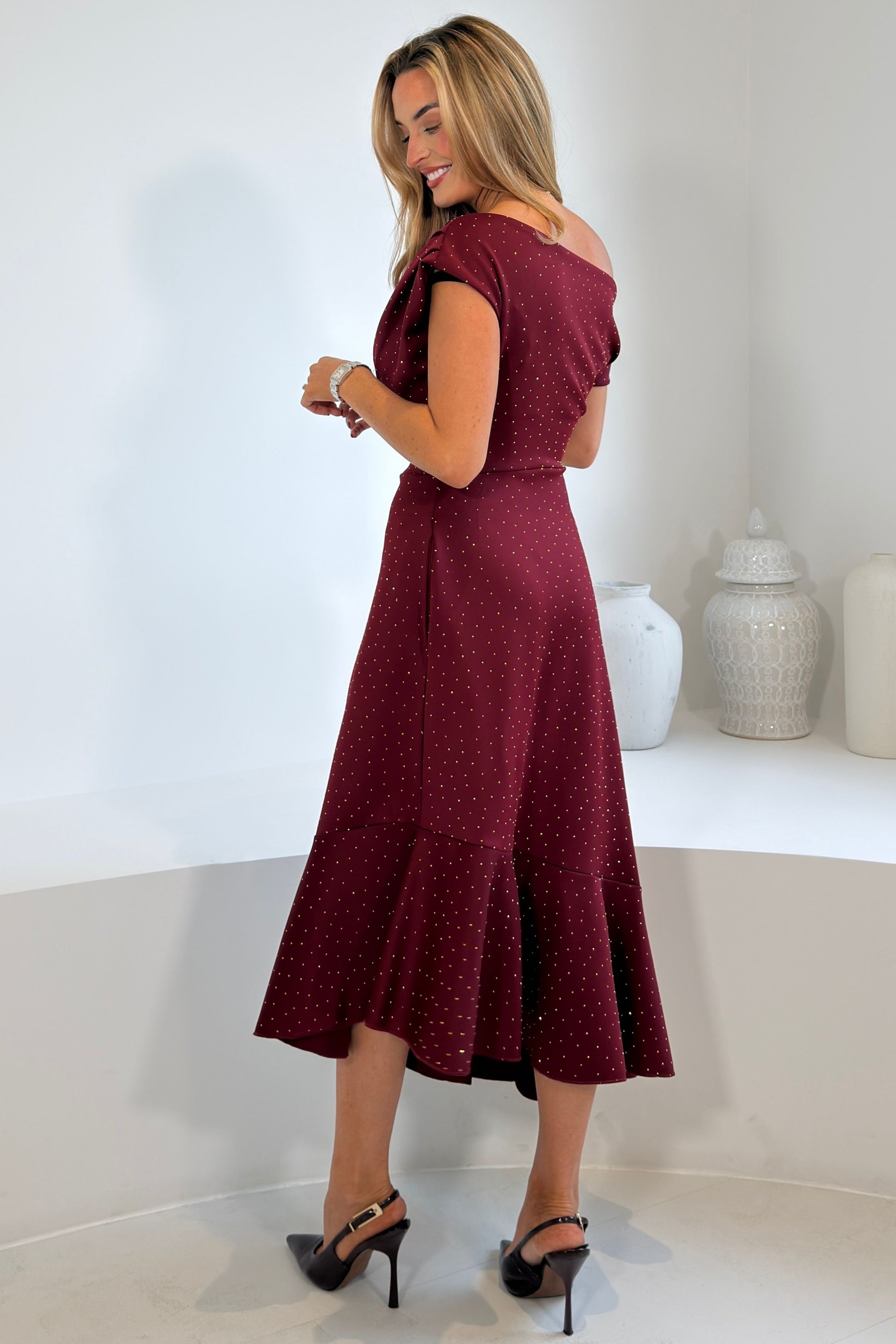 Felicity Hotfix Asymmetric Frill Midi Dress Wine