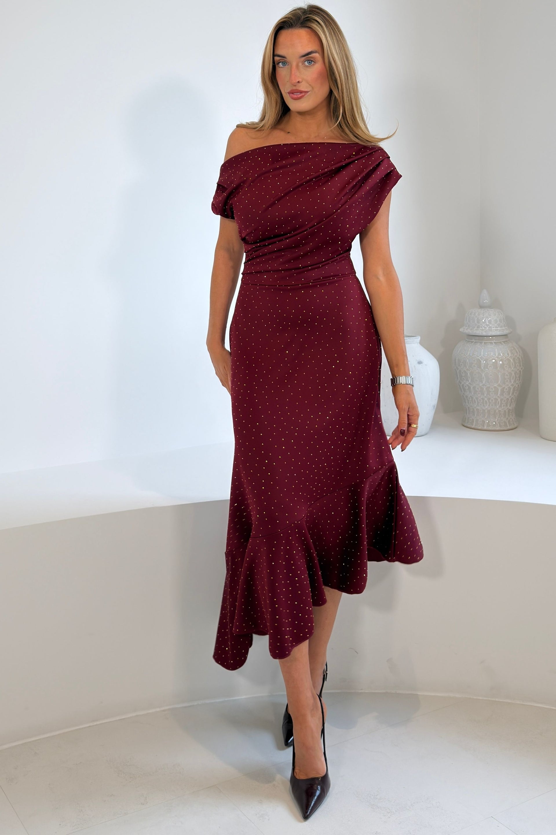 Felicity Hotfix Asymmetric Frill Midi Dress Wine