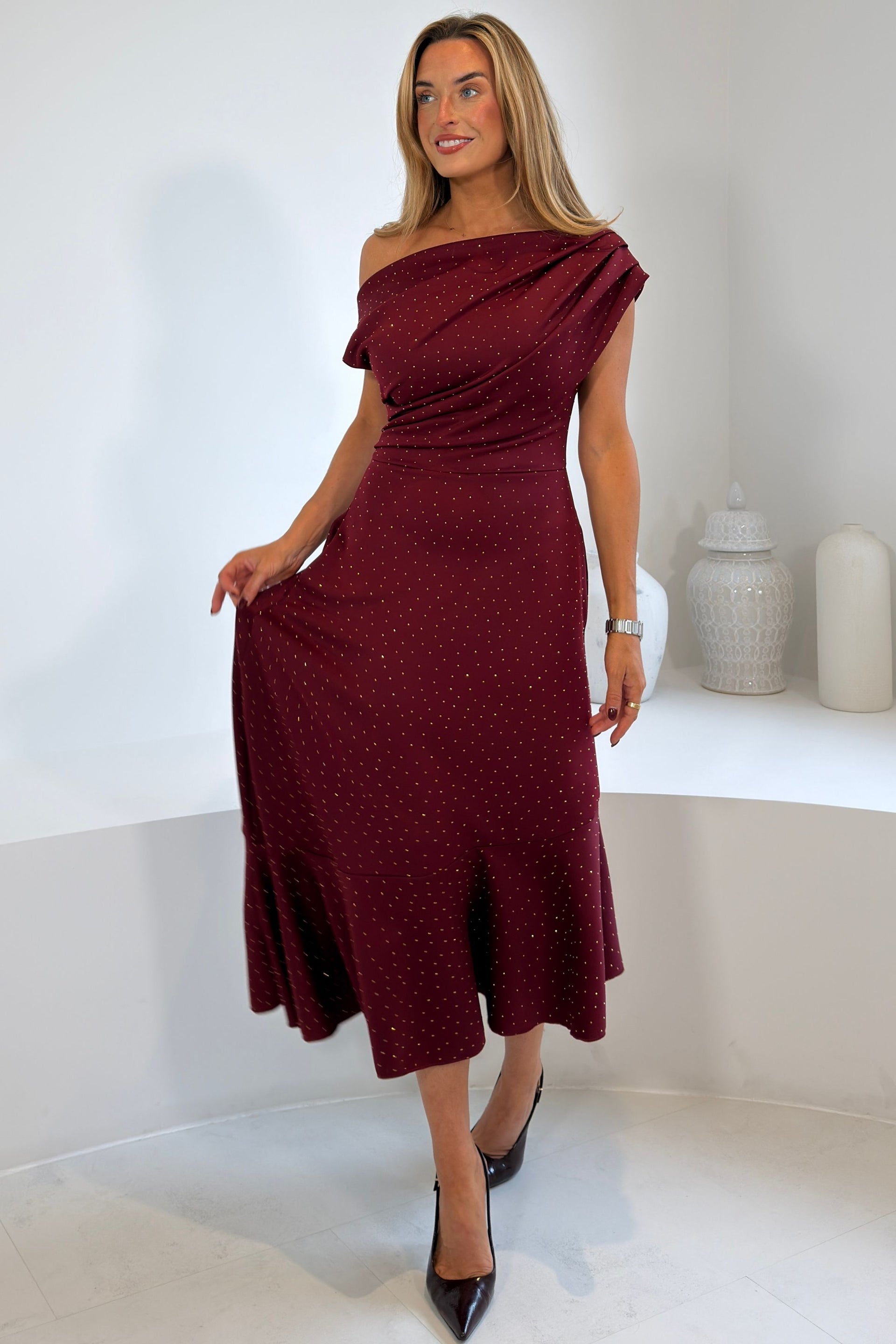 Felicity Hotfix Asymmetric Frill Midi Dress Wine