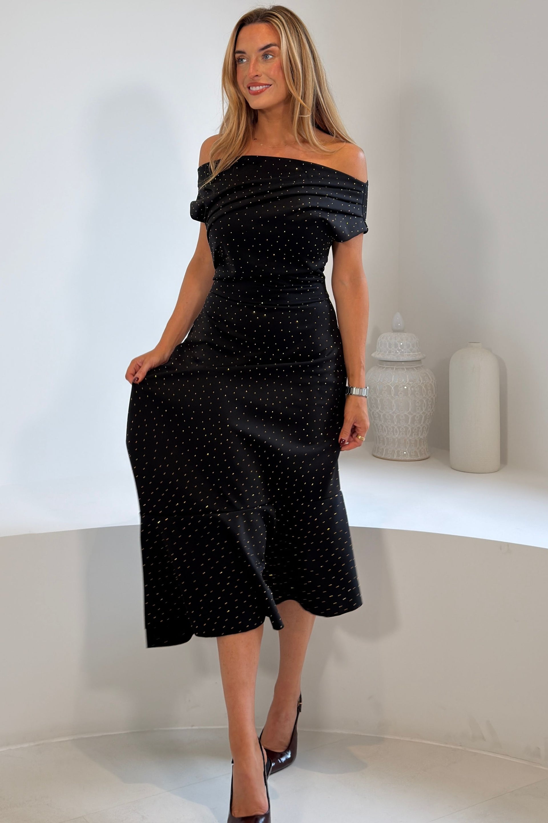 Felicity Hotfix Asymmetric Frill Midi Dress Black