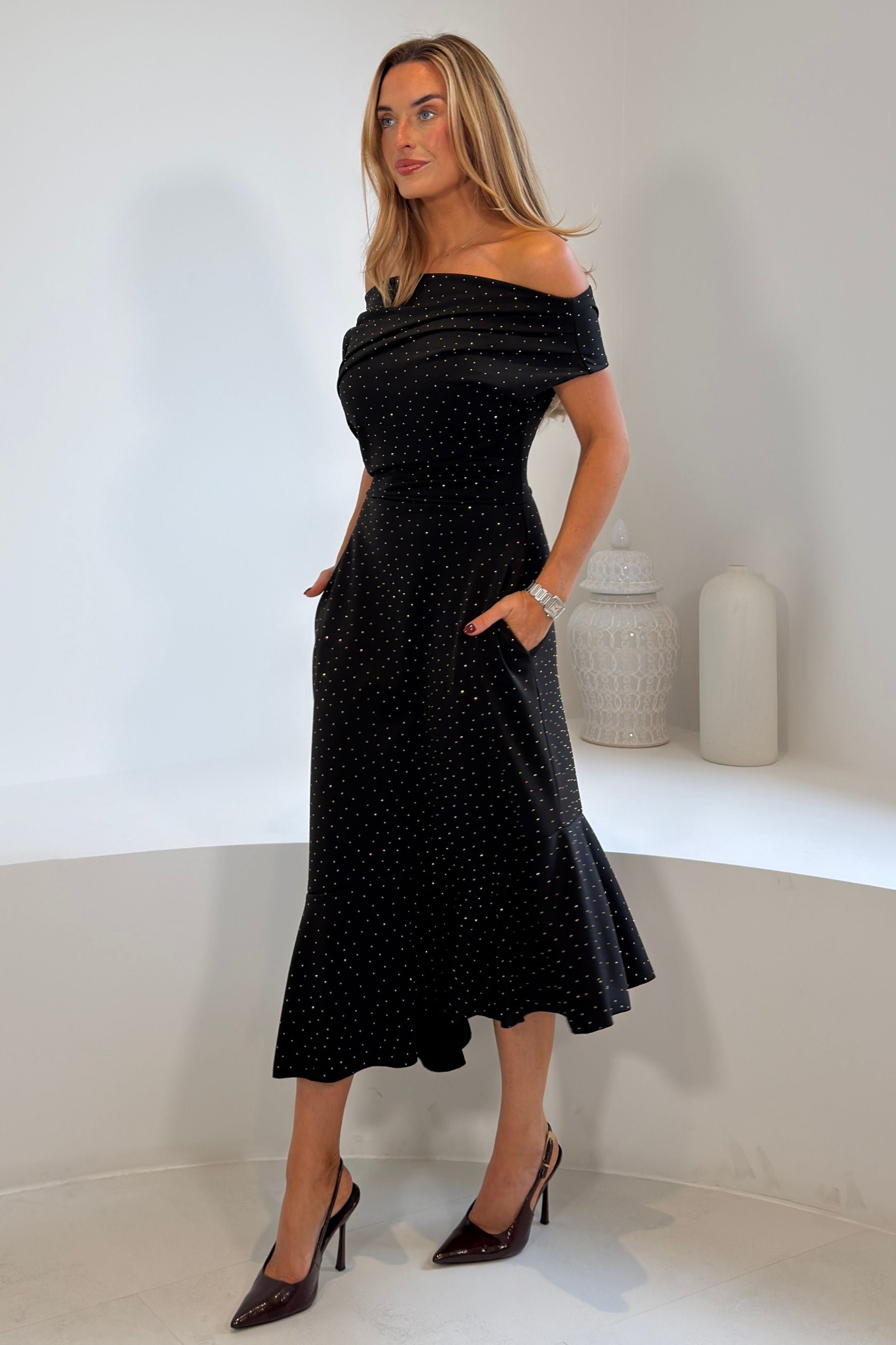 Felicity Hotfix Asymmetric Frill Midi Dress Black