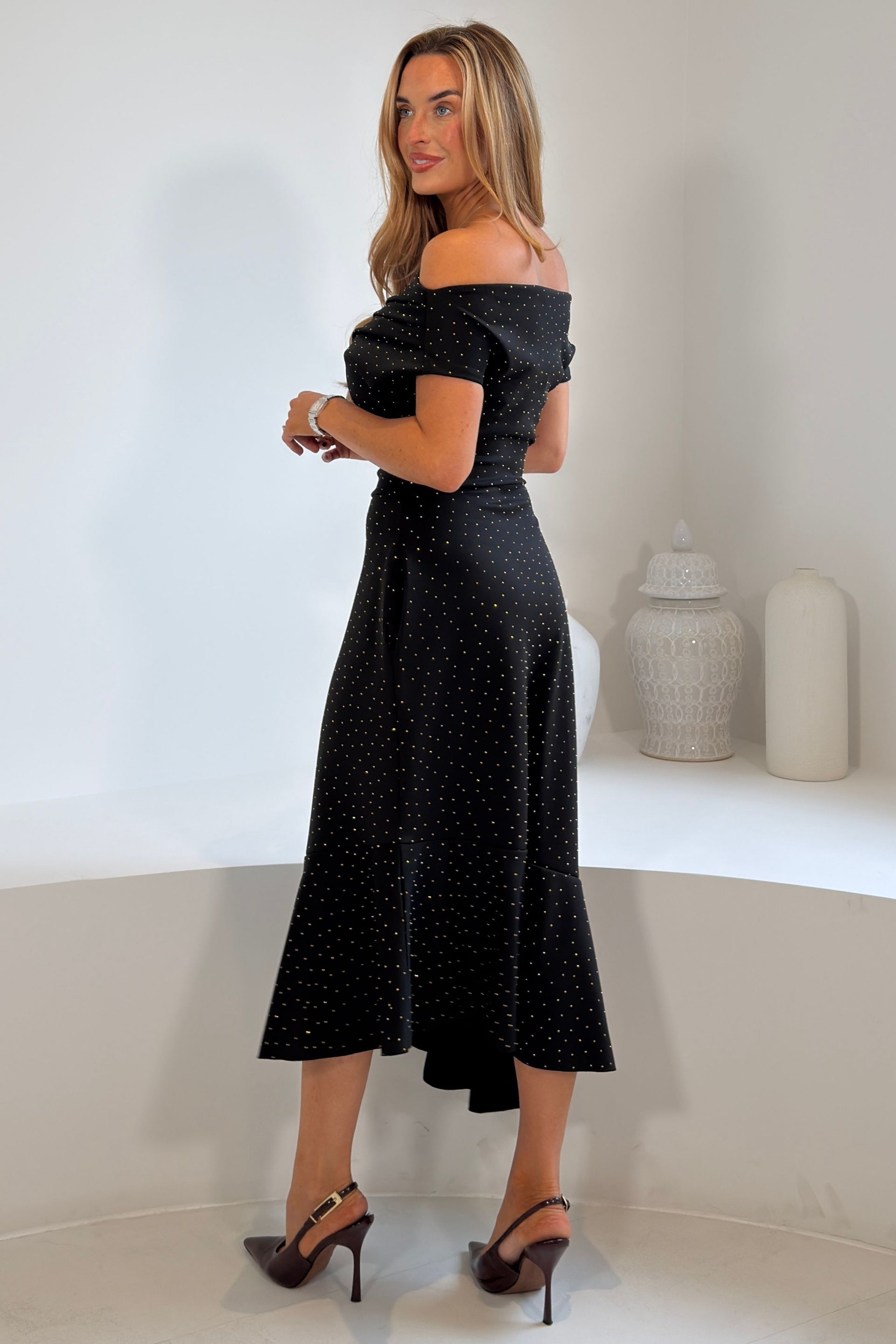 Felicity Hotfix Asymmetric Frill Midi Dress Black