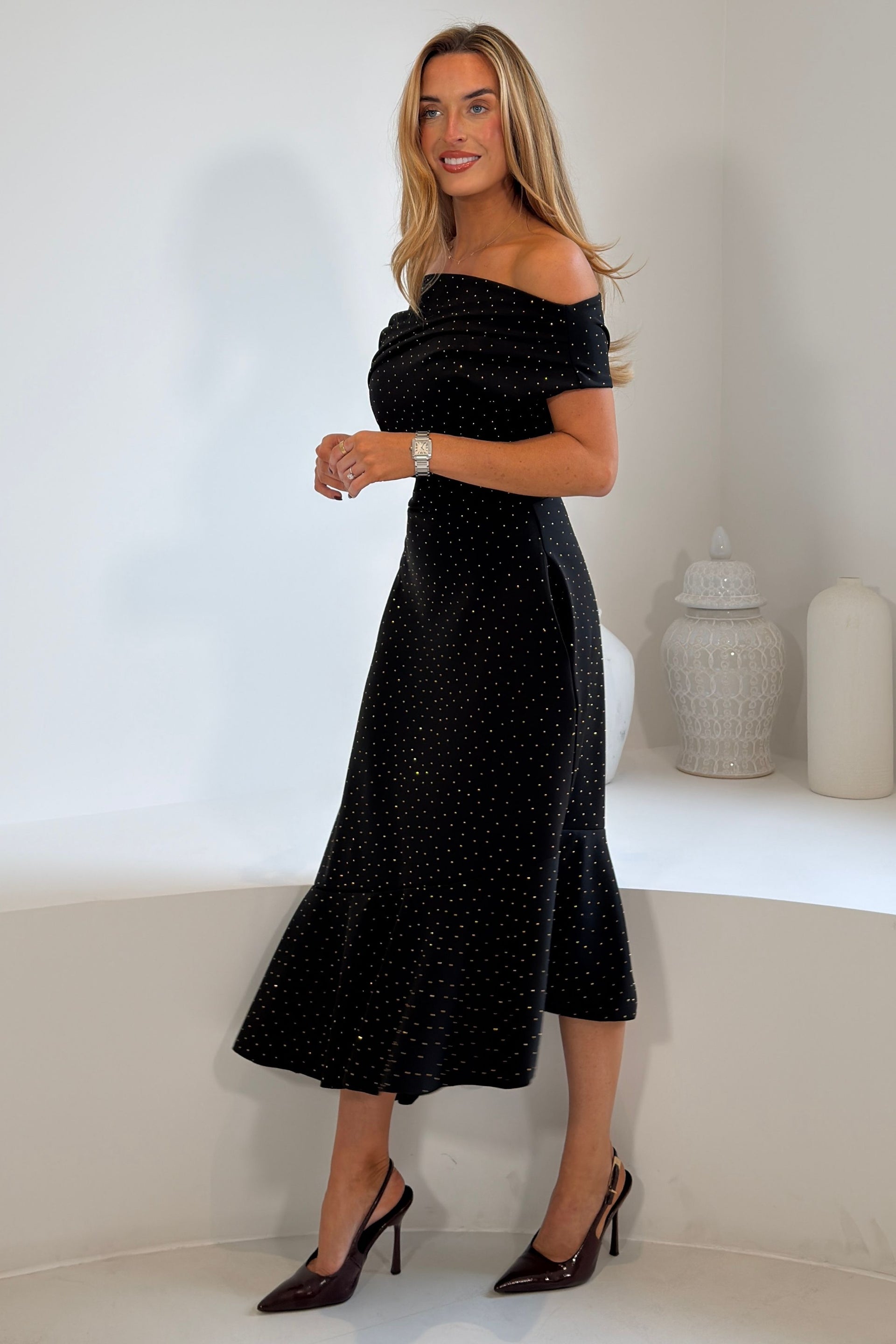 Felicity Hotfix Asymmetric Frill Midi Dress Black