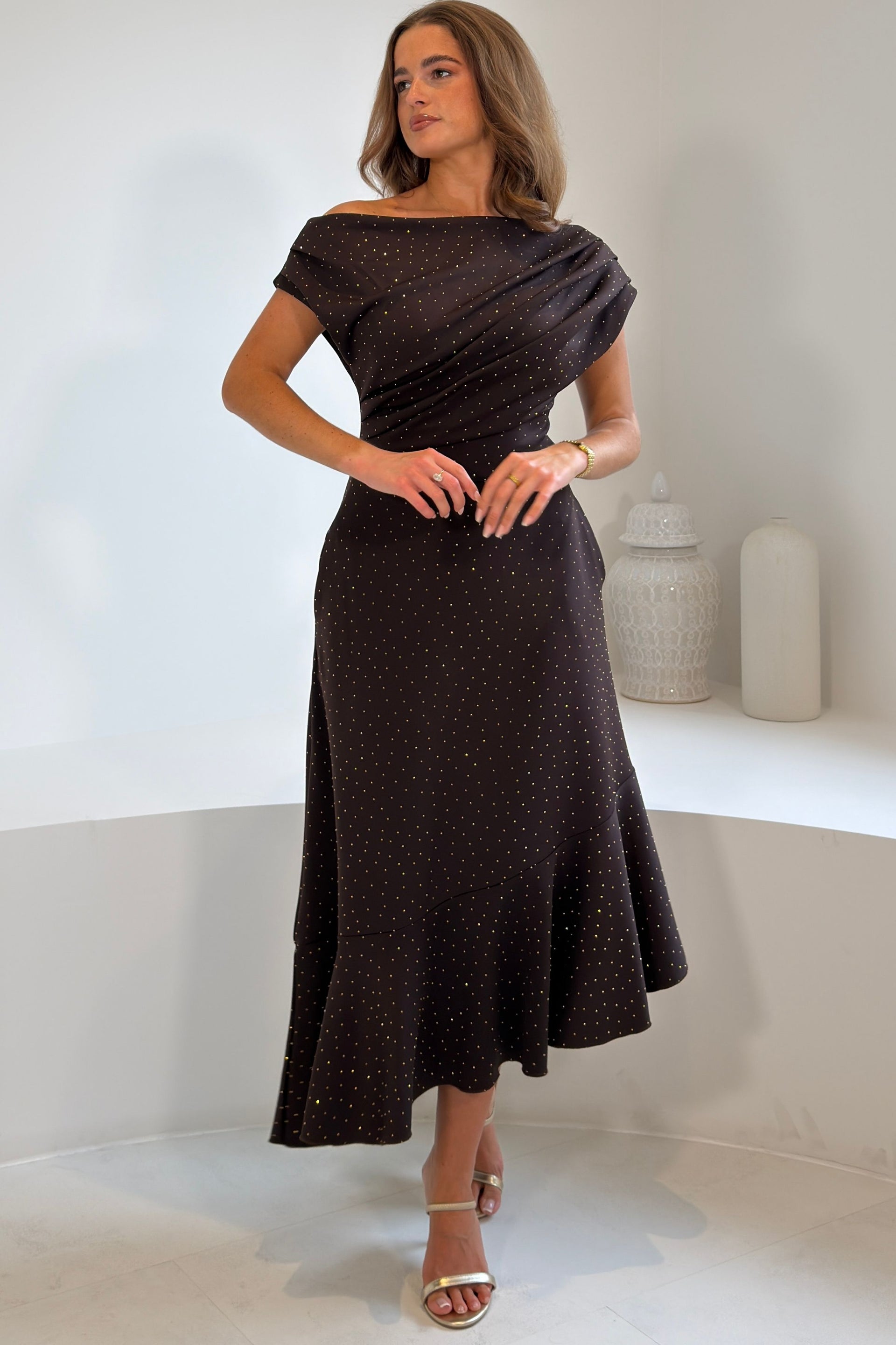 Felicity Hotfix Asymmetric Frill Midi Dress Brown