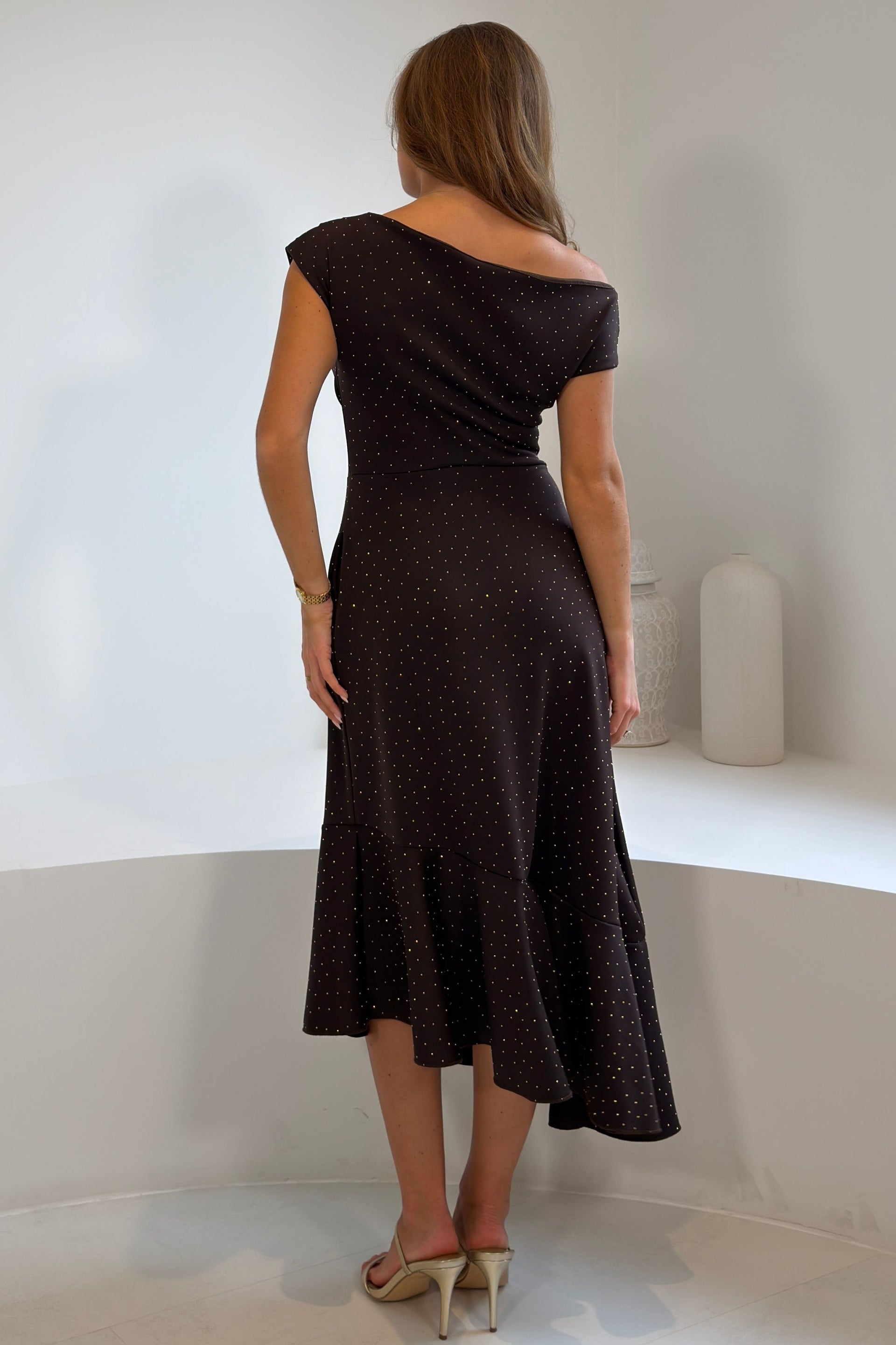 Felicity Hotfix Asymmetric Frill Midi Dress Brown