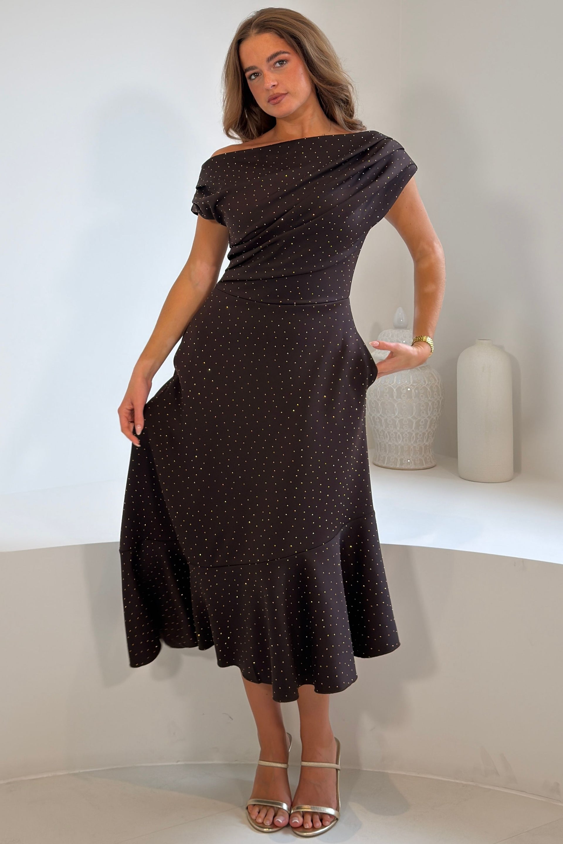 Felicity Hotfix Asymmetric Frill Midi Dress Brown