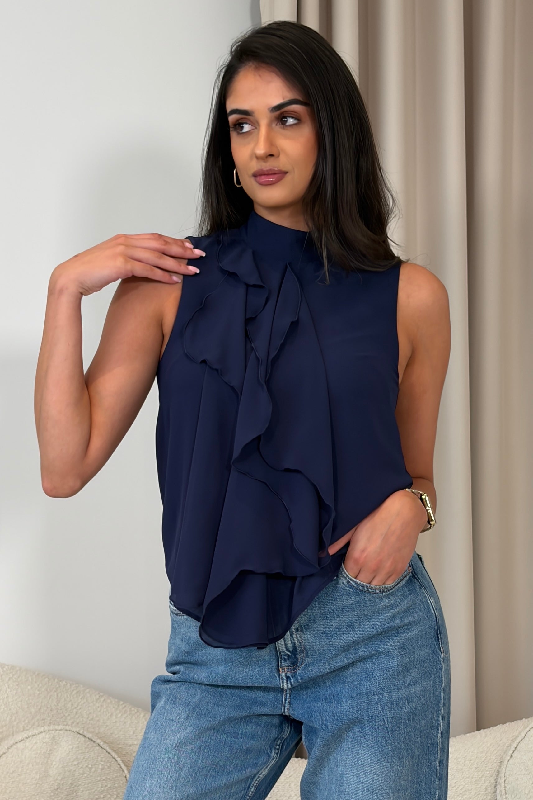 Faye Ruffle Sleeveless Top Navy