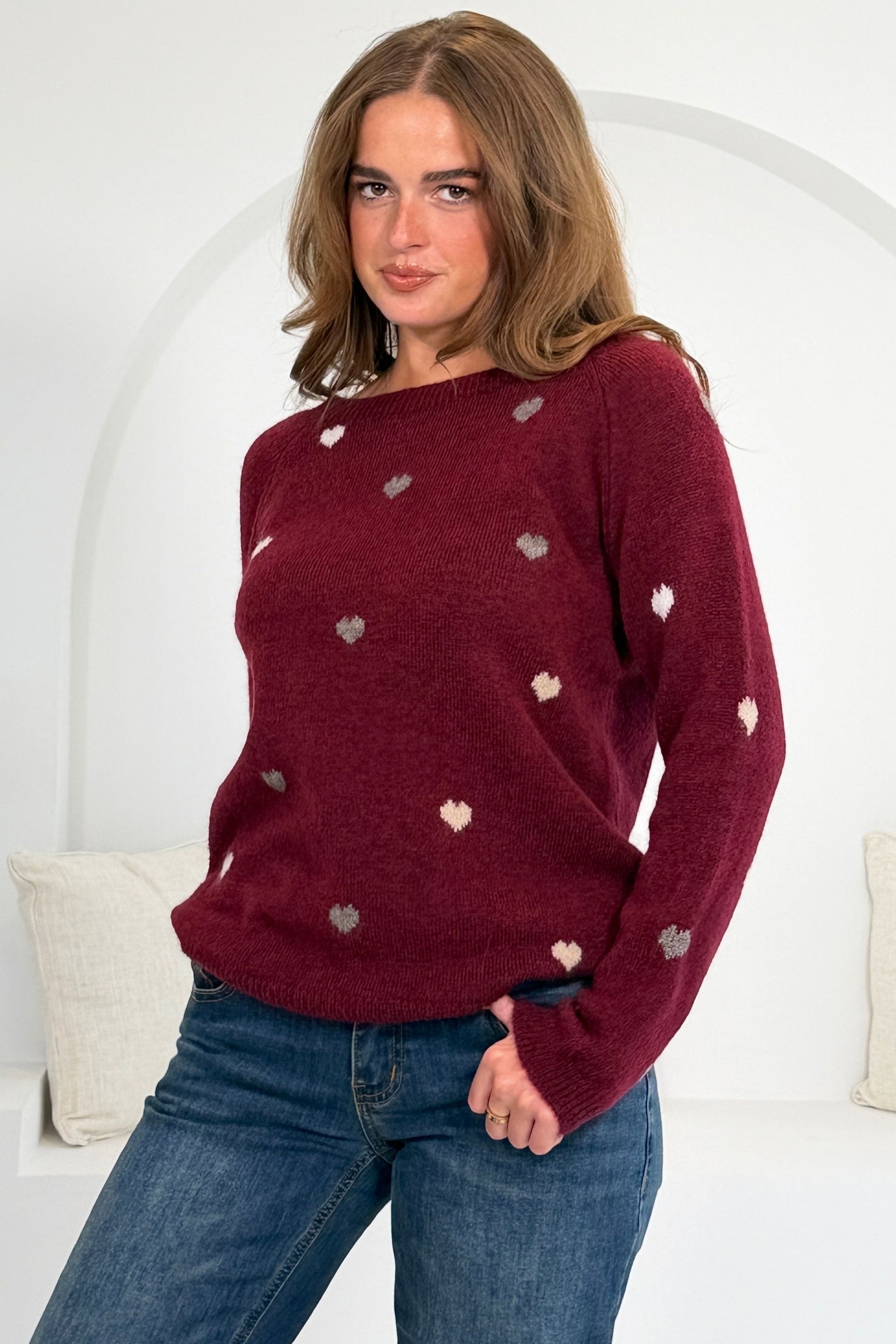 Jennie Heart Polka Knit Jumper Wine