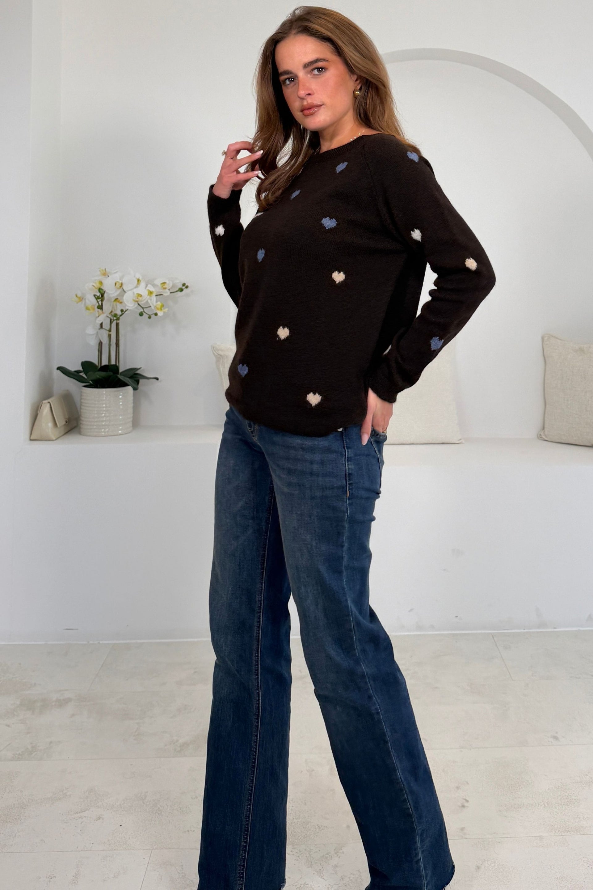Jennie Heart Polka Knit Jumper Brown