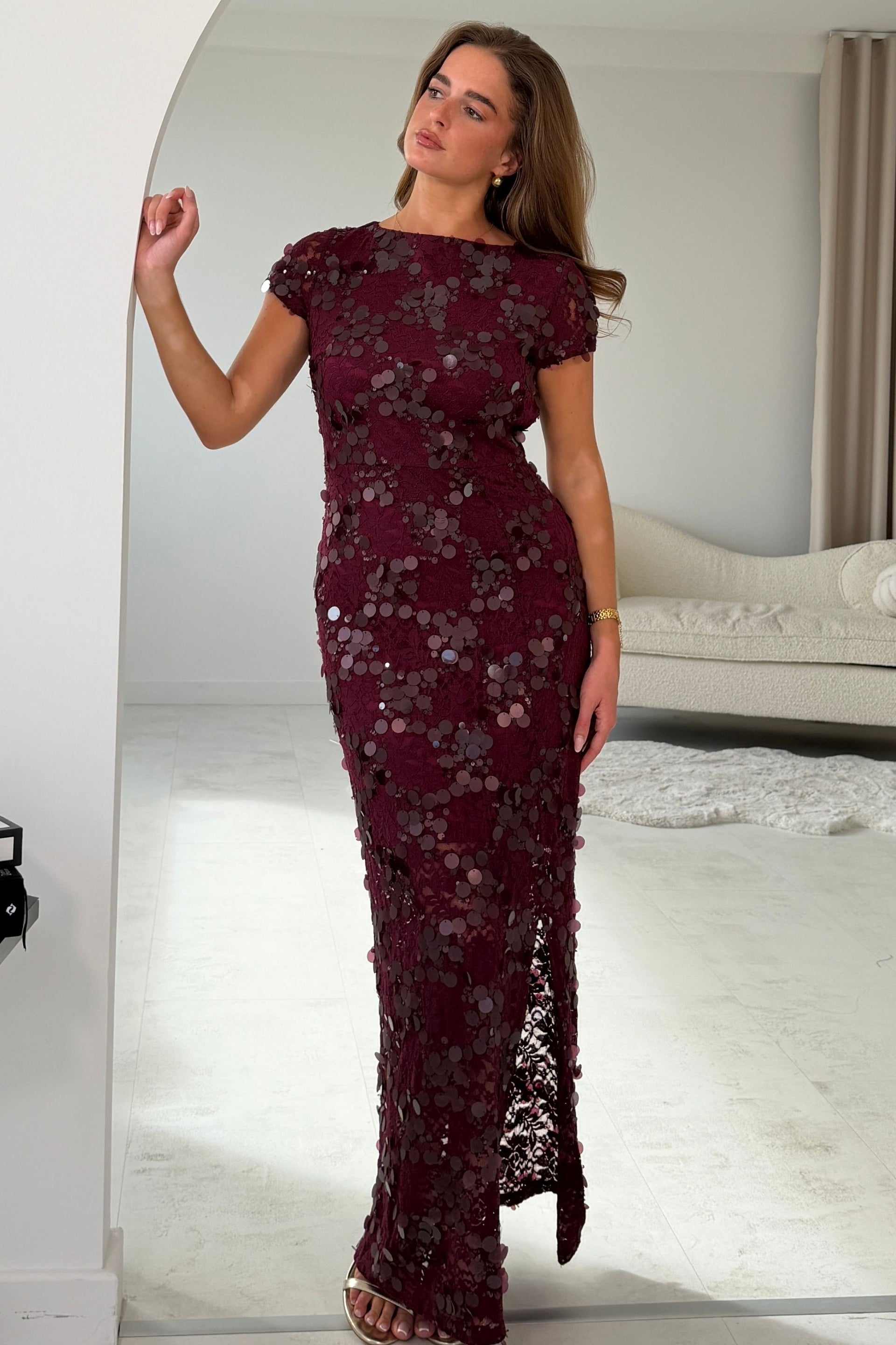Georgie sequin Lace Split Maxi Dress Burgundy