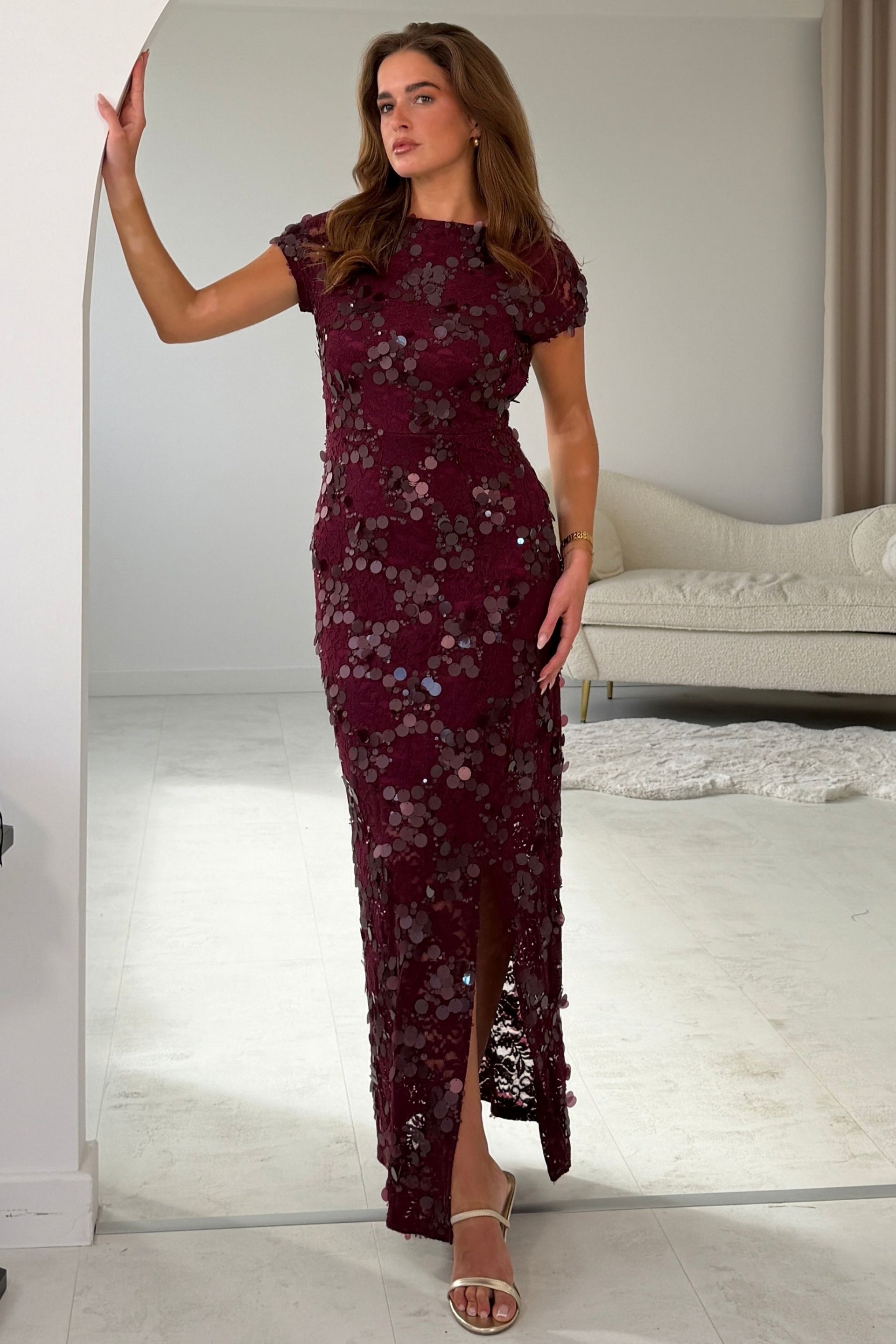Georgie sequin Lace Split Maxi Dress Burgundy