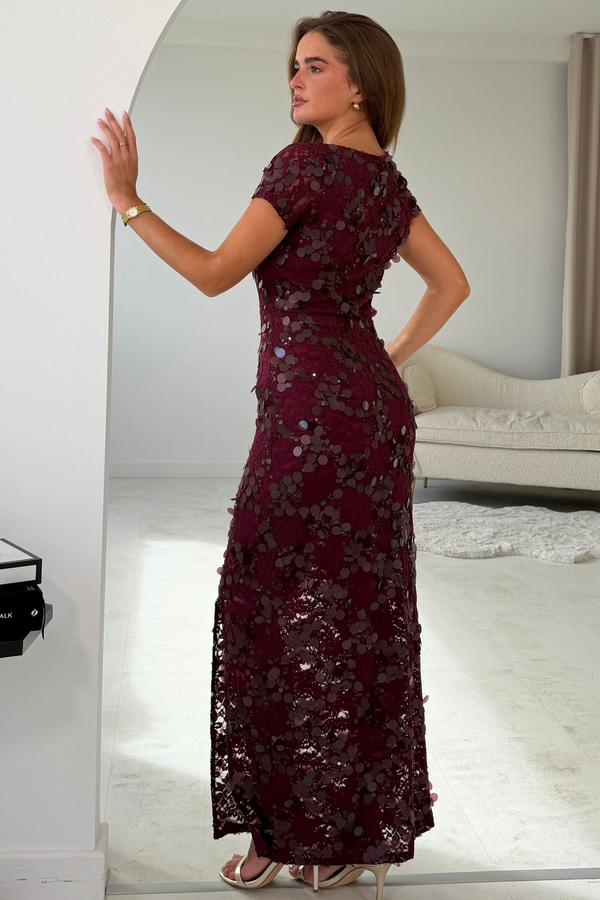 Georgie sequin Lace Split Maxi Dress Burgundy