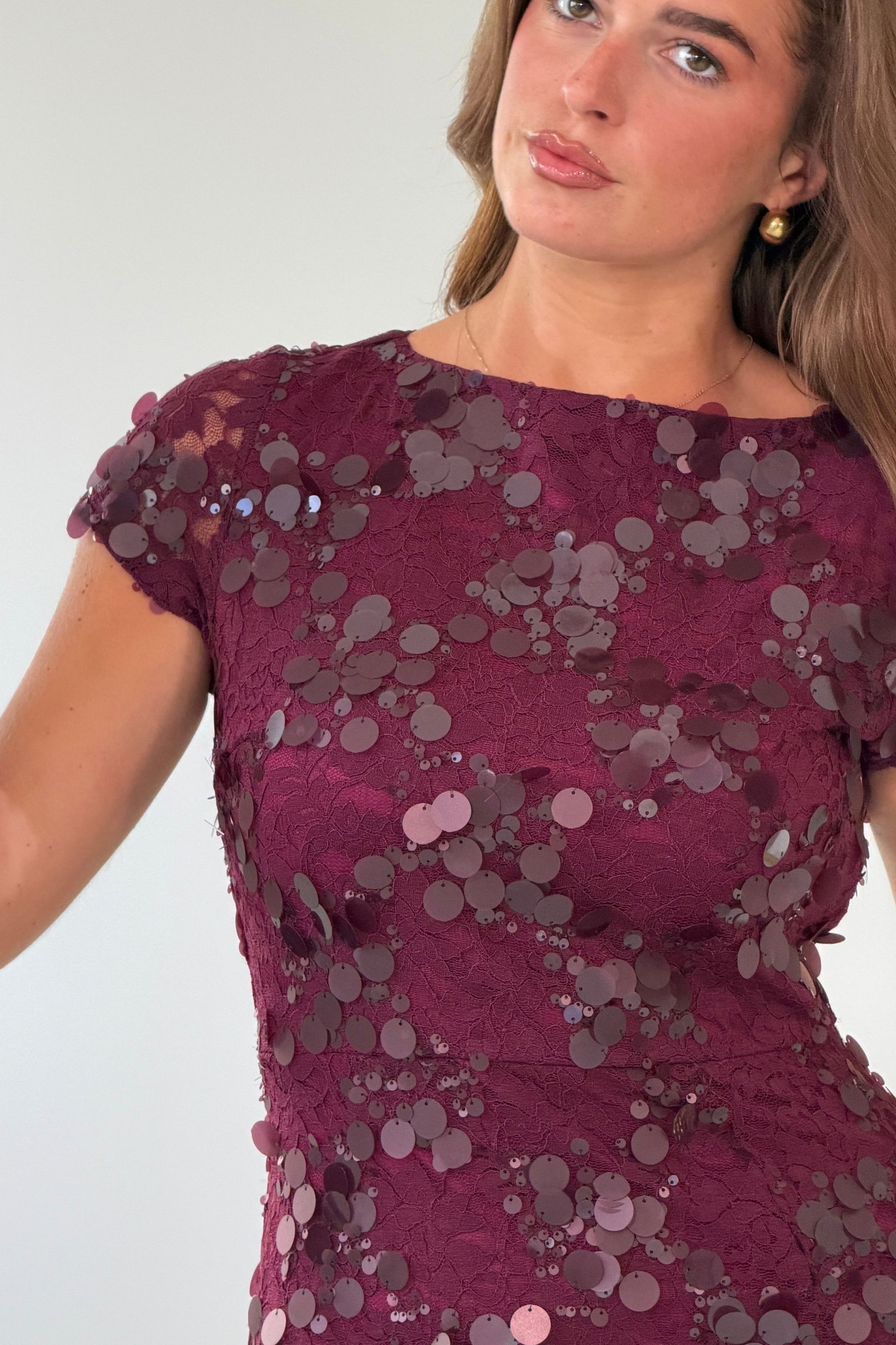 Georgie sequin Lace Split Maxi Dress Burgundy